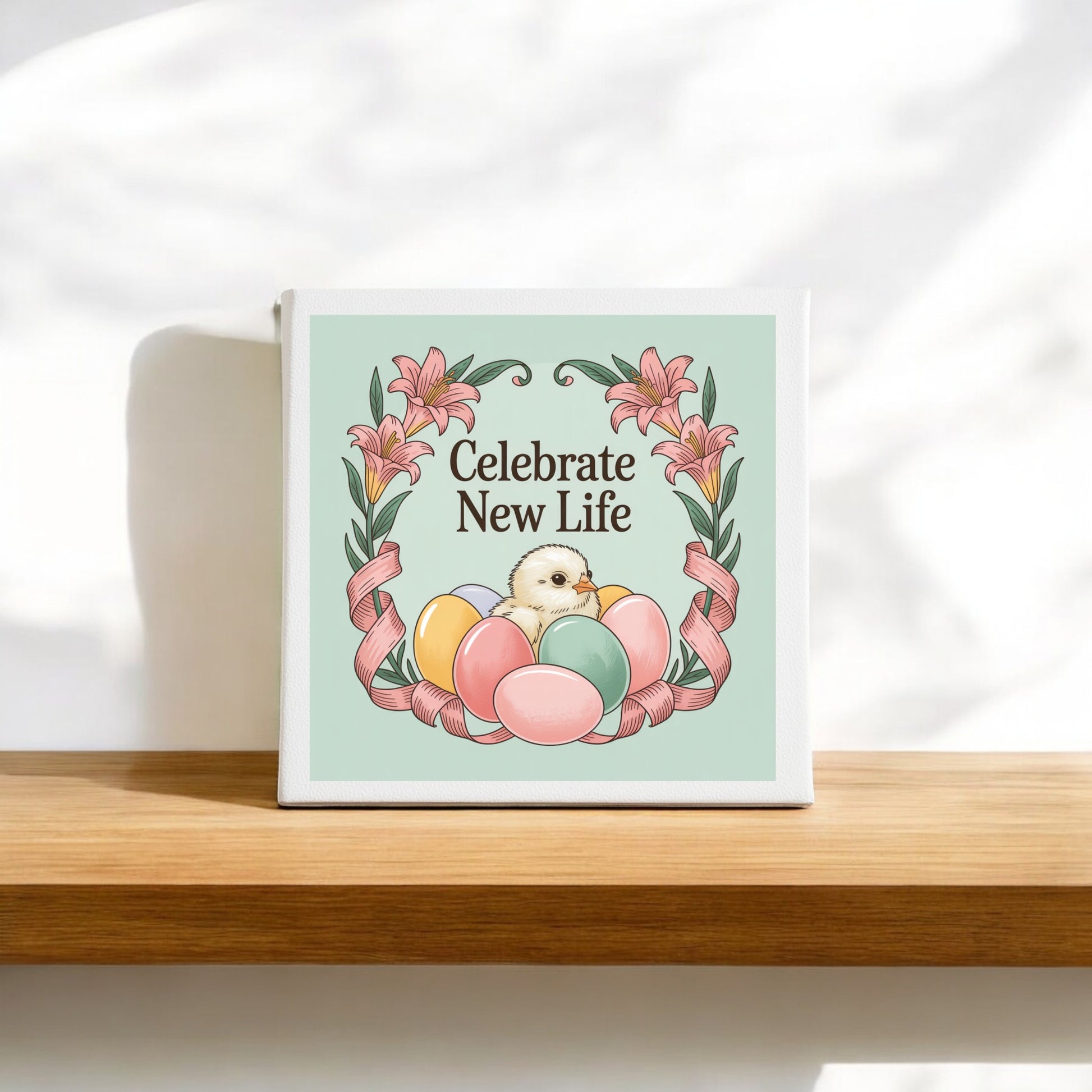 The Celebrate New Life Spring Chick Canvas Art by Mirabilia Boutique features pastel eggs, a chick, pink flowers, and the phrase "Celebrate New Life," making a charming Easter décor piece for your home.