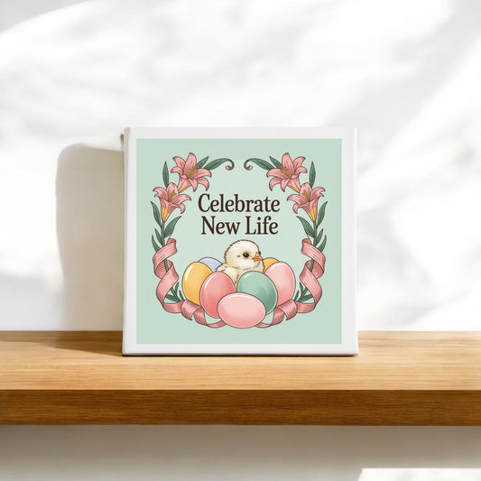 The Celebrate New Life Spring Chick Canvas Art by Mirabilia Boutique features pastel eggs, a chick, pink flowers, and the phrase "Celebrate New Life," making a charming Easter décor piece for your home.