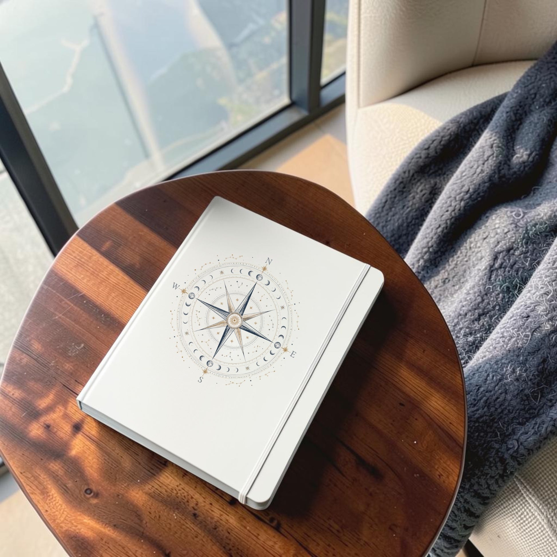 A Celestial Compass Journal | Moon Phase Notebook by Mirabilia Boutique rests on a round wooden table beside a cozy chair and a gray textured blanket, near a large window with a scenic view.