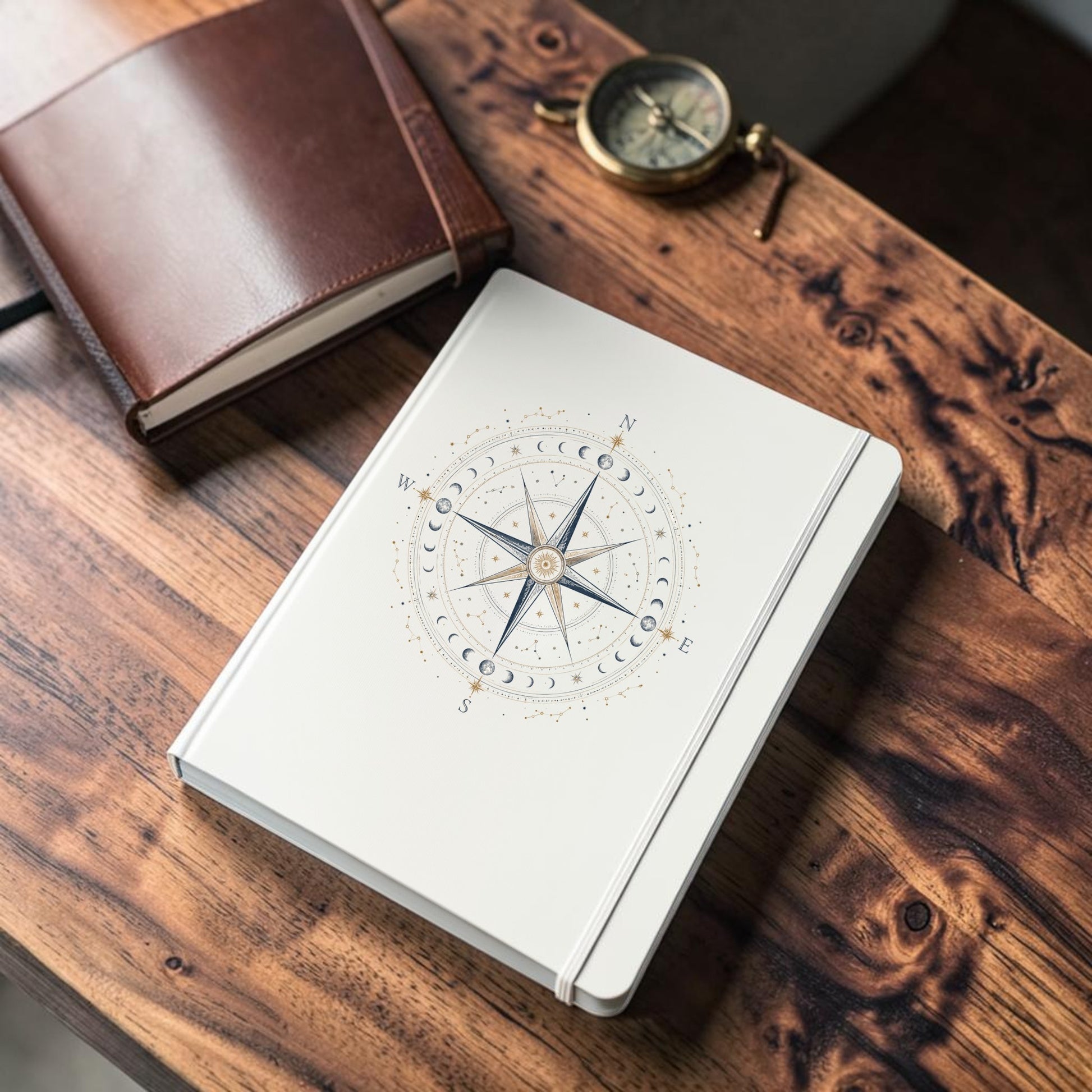 A Mirabilia Boutique Celestial Compass Journal | Moon Phase Notebook in white rests on a wooden table beside a brown leather notebook and a brass compass.