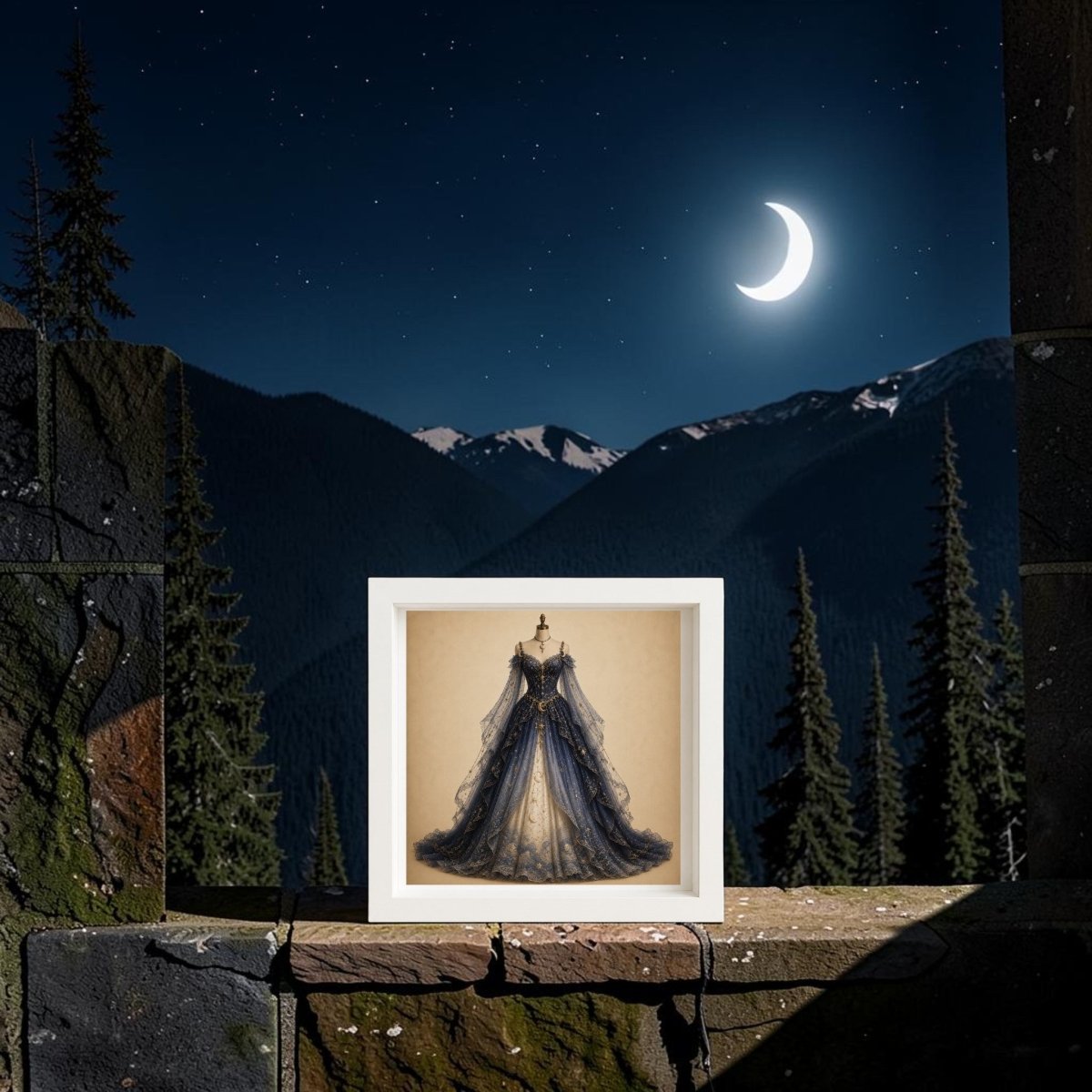 A framed canvas featuring “Moonlit Symphony” by Mirabilia Boutique displays an elegant dark gown set against a backdrop of mountains, a crescent moon, and a starry night sky—an exquisite example of curated couture artwork brought to life as collectible décor.
