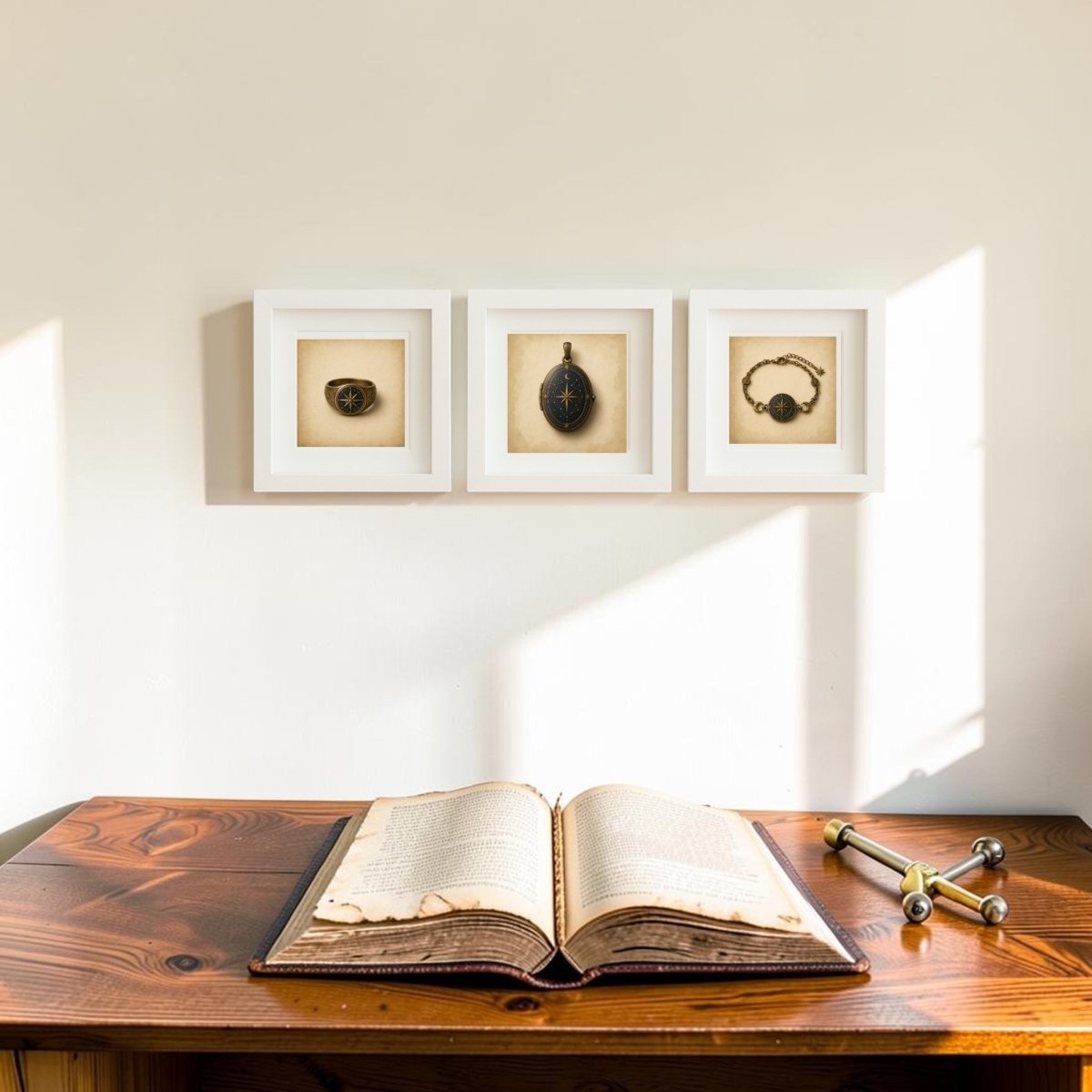 An open copy of “The Wayfinder” by Mirabilia Relics rests on a wooden desk beneath three framed vintage objects hung on a white wall. Sunlight casts shadows across the desk, where a brass magnifying glass from Mirabilia Boutique also lies.