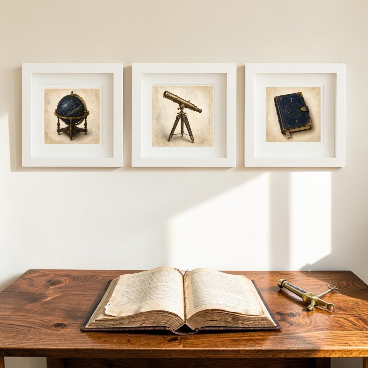 A wooden desk with an open antique book, brass tool, and three framed canvas artworks above—a globe, a telescope, and a book—brings stargazer decor charm to life against a cream wall with sunlight streaming in.