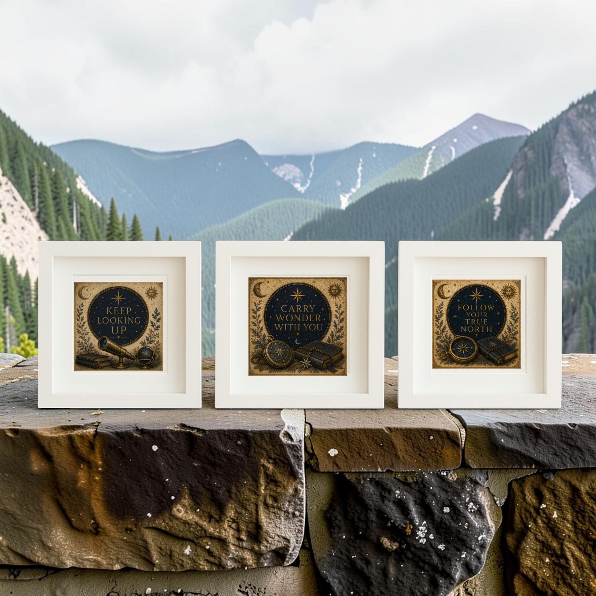 Three “Guided by the Stars | Mirabilia Relics” framed canvas prints from Mirabilia Boutique, featuring inspirational quotes, sit on a stone ledge with pine-covered mountains and a cloudy sky in the background.
