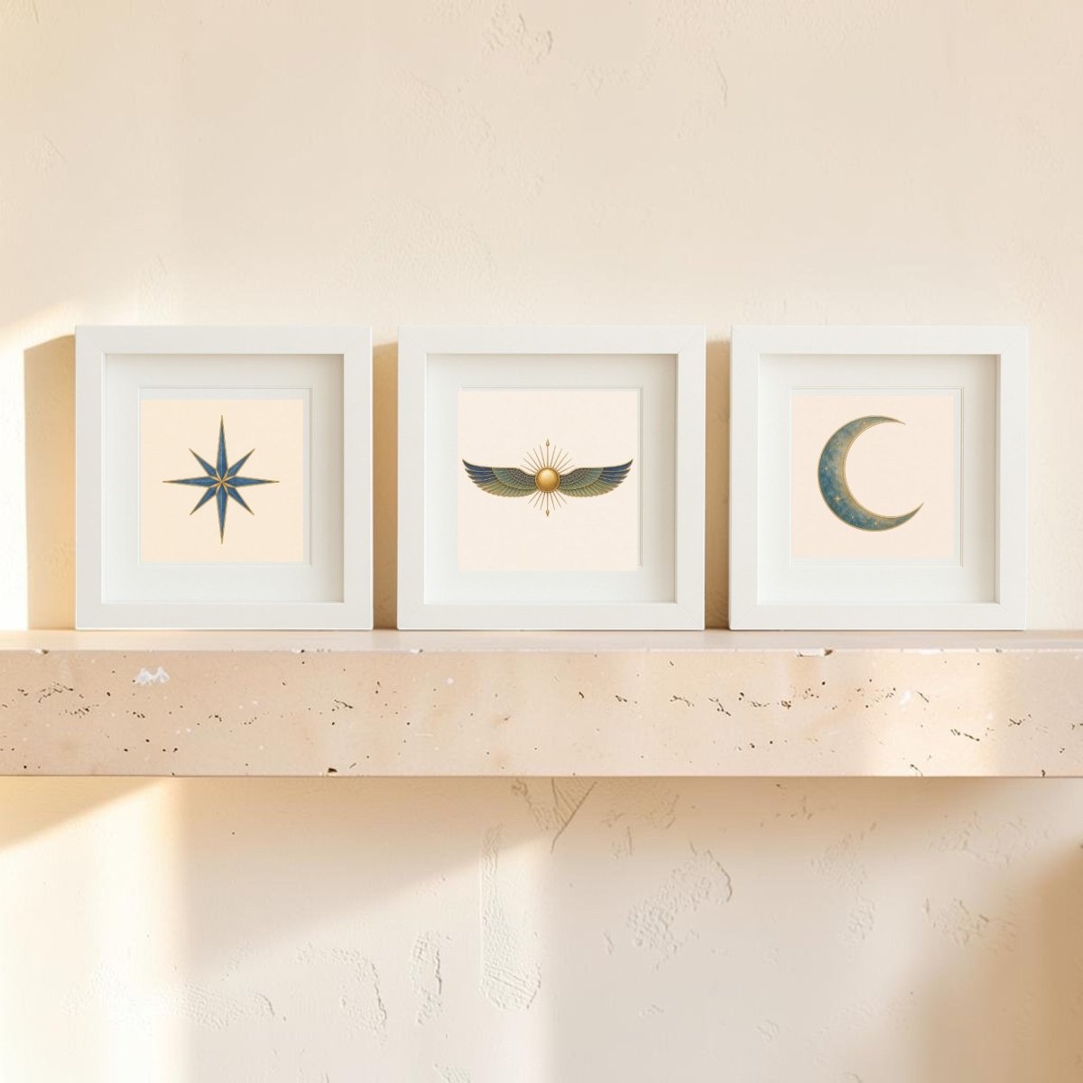 Three framed canvas art prints from Mirabilia Boutique’s “Celestial Relics of the Nile | Mirabilia Relics” collection rest on a beige shelf: a blue star, a winged sun, and a golden crescent moon, each displayed in white shadowbox frames with minimalist backgrounds—an elegant arrangement of celestial artwork.
