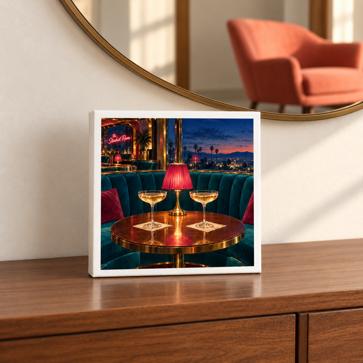 Cocktails at the Stardust Canvas | Chrome & Starlight, a square print of a retro lounge with two champagne glasses on a circular table, displayed on a wooden dresser in front of a round mirror.