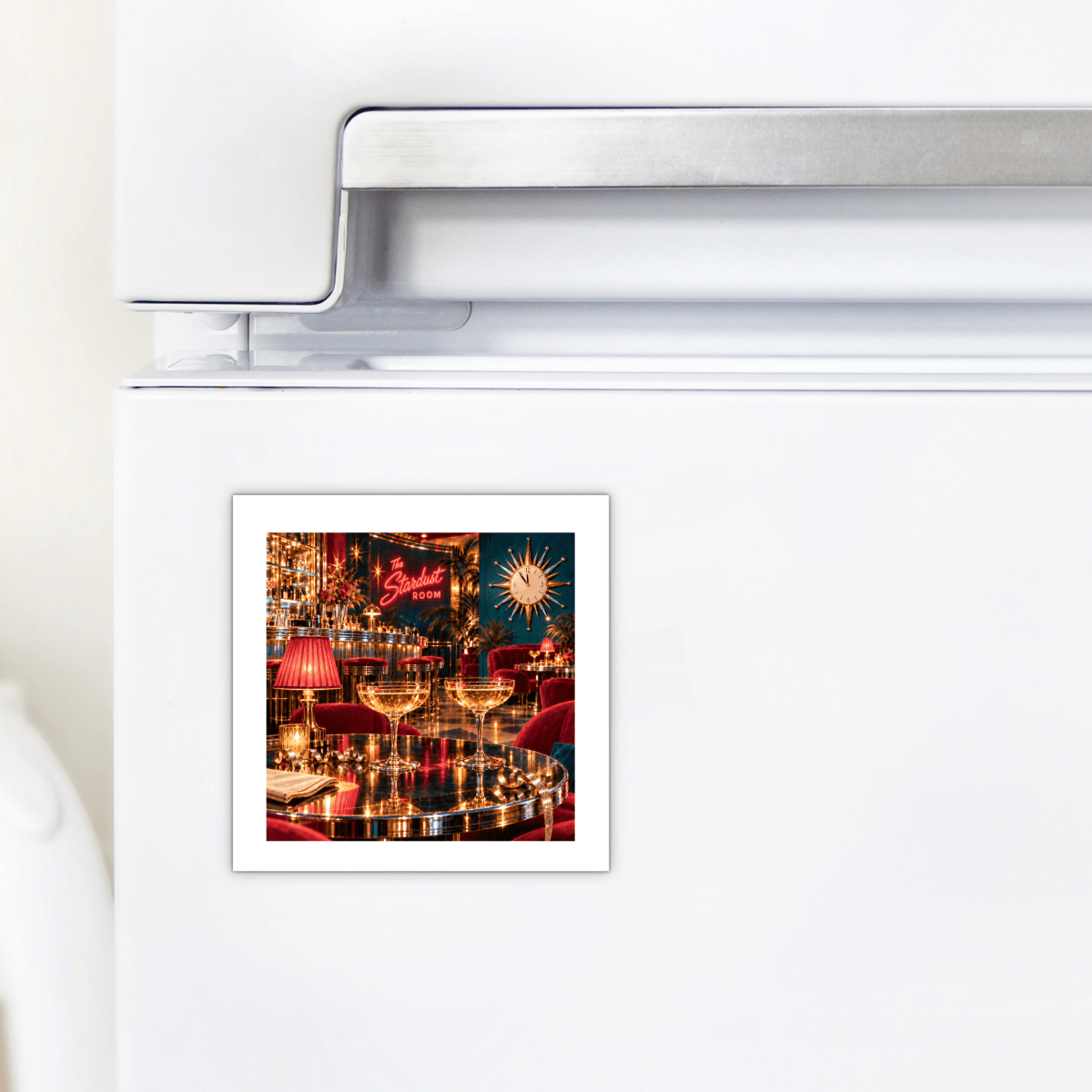 Five Minutes to Midnight Magnet | Chrome & Starlight on a white refrigerator, featuring a retro scene with champagne coupes, a sunburst clock, and a neon “The Stardust Room” sign, perfect for mid-century decor.