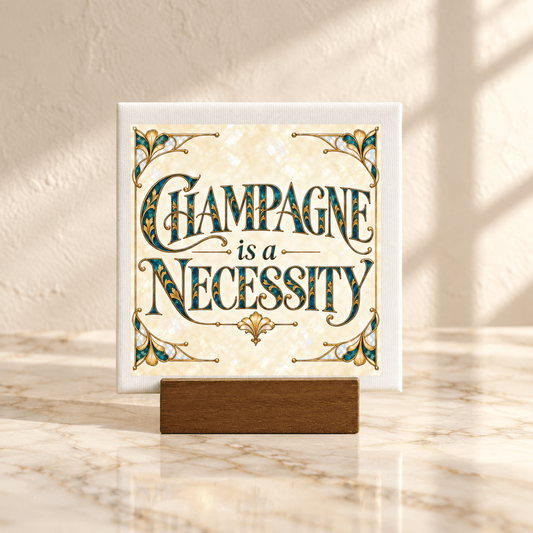The “Champagne Is a Necessity 4x4 Mini Bar Cart Sign” by Mirabilia Boutique from the Gilded Reverie collection features ornate, vintage-inspired green and gold detailing on a marble background—an ideal decorative accent for champagne lovers and bar cart styling.