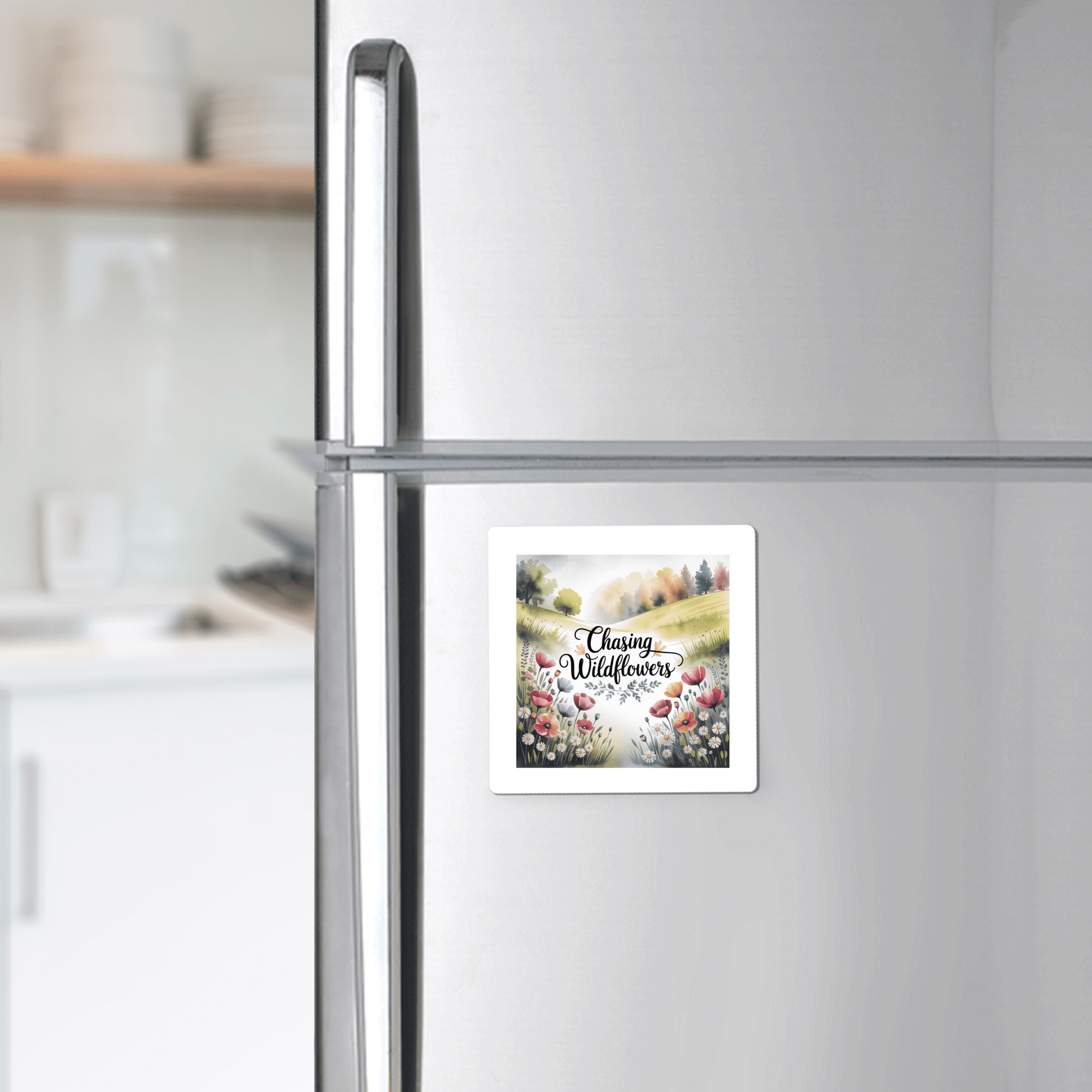 The Chasing Wildflowers Magnet by Mirabilia Boutique, featuring a nature quote and floral design, decorates a stainless steel fridge in a modern kitchen—an ideal gift for nature lovers.