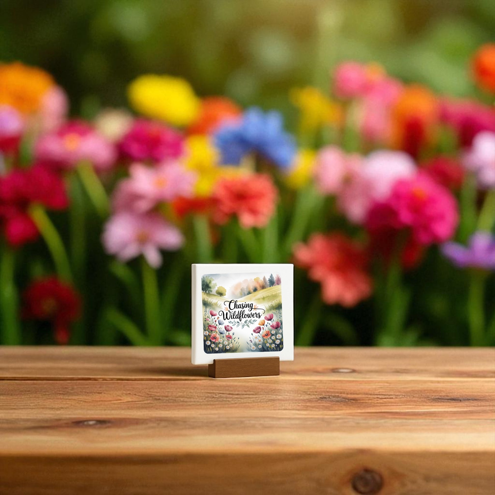 The Chasing Wildflowers Mini Sign by Mirabilia Boutique features delicate floral artwork and the phrase "Chasing Wildflowers," displayed on a wooden surface with a blurred, vibrant meadow backdrop—an ideal meadowcore-inspired decor gift.