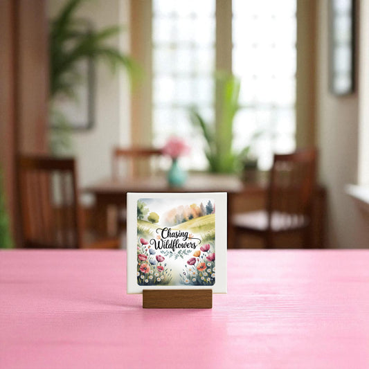 The Chasing Wildflowers Mini Sign by Mirabilia Boutique sits on a wooden holder atop a pink table, with wildflower decor and a blurred dining area in the background—a charming floral inspirational gift.