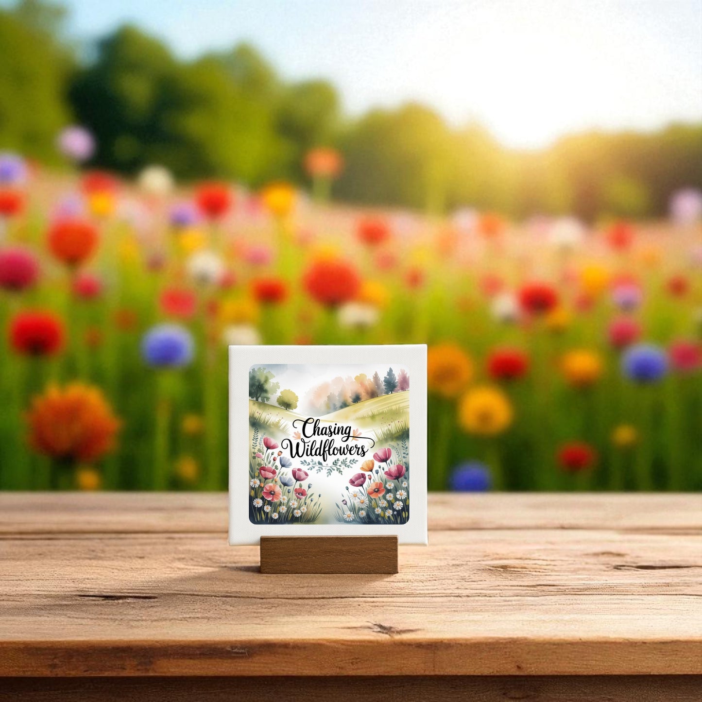 The Chasing Wildflowers Mini Sign by Mirabilia Boutique features floral art and uplifting message, displayed on a wooden surface with a wildflower field backdrop—a lovely inspirational decor piece for nature lovers.