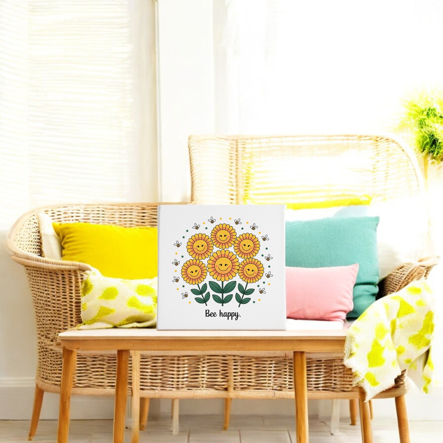 A wicker sofa with vibrant cushions sits behind a small wooden table, which displays the Bee Happy Canvas – Smiling Sunflowers & Summer Joy by Mirabilia Boutique. Sunlight brightens the cozy room, perfect for cheerful summer home decor.