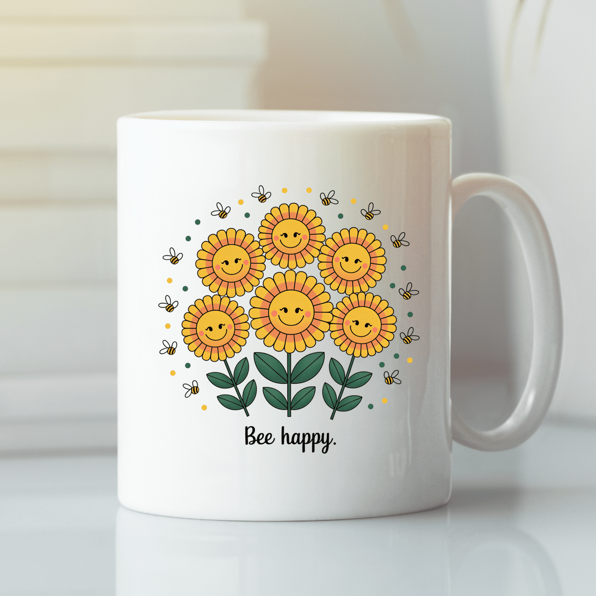 The Bee Happy Mug – Cheerful Sunflowers & Summer Joy from Mirabilia Boutique features six smiling sunflowers, buzzing bees, and “Bee happy.” printed below the illustration—making it a perfect cheerful gift.