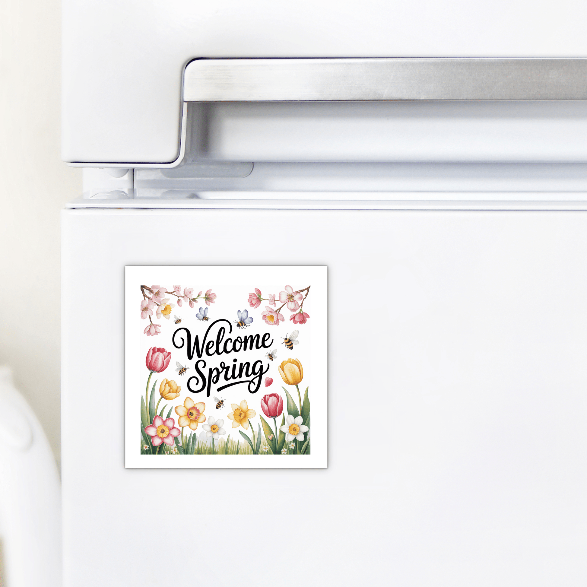 Brighten your fridge with the Welcome Spring Magnet – Floral Garden and Bees by Mirabilia Boutique, featuring vibrant flowers and bees—a delightful seasonal magnet and perfect spring gift.