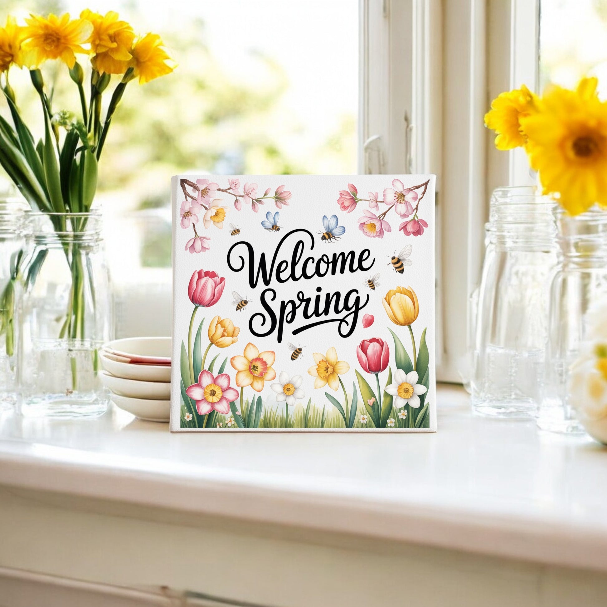 The Mirabilia Boutique Welcome Spring Canvas (8x8 Floral Wall Art) adds seasonal charm with flowers, butterflies, and bees. Perfect for windowsills or walls, it brightens your space amid yellow blooms and sunlight.