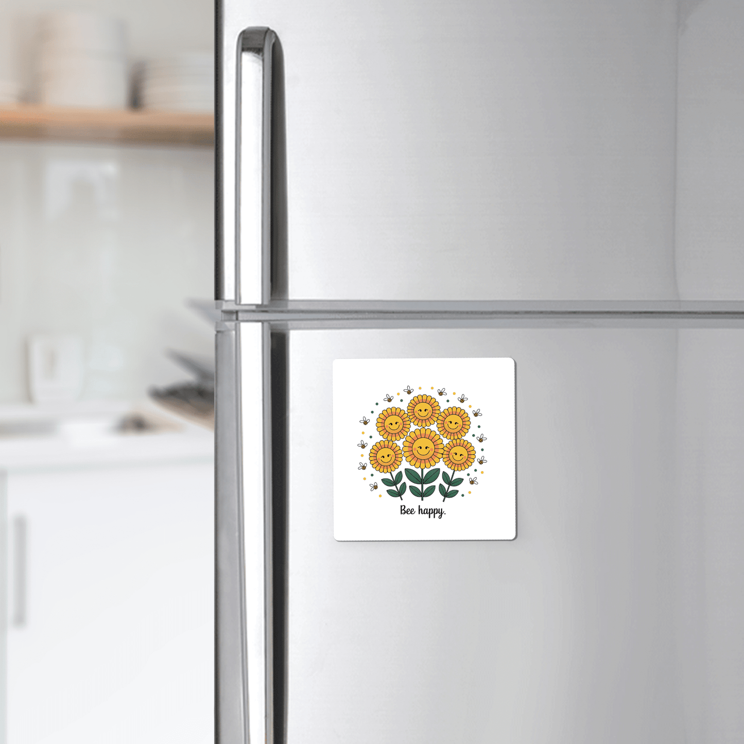 Brighten your kitchen with the Mirabilia Boutique Bee Happy Magnet – Cheerful Sunflowers for Daily Joy, featuring sunflowers and bees with "Bee happy" text. A cheerful, uplifting gift to enhance any space.