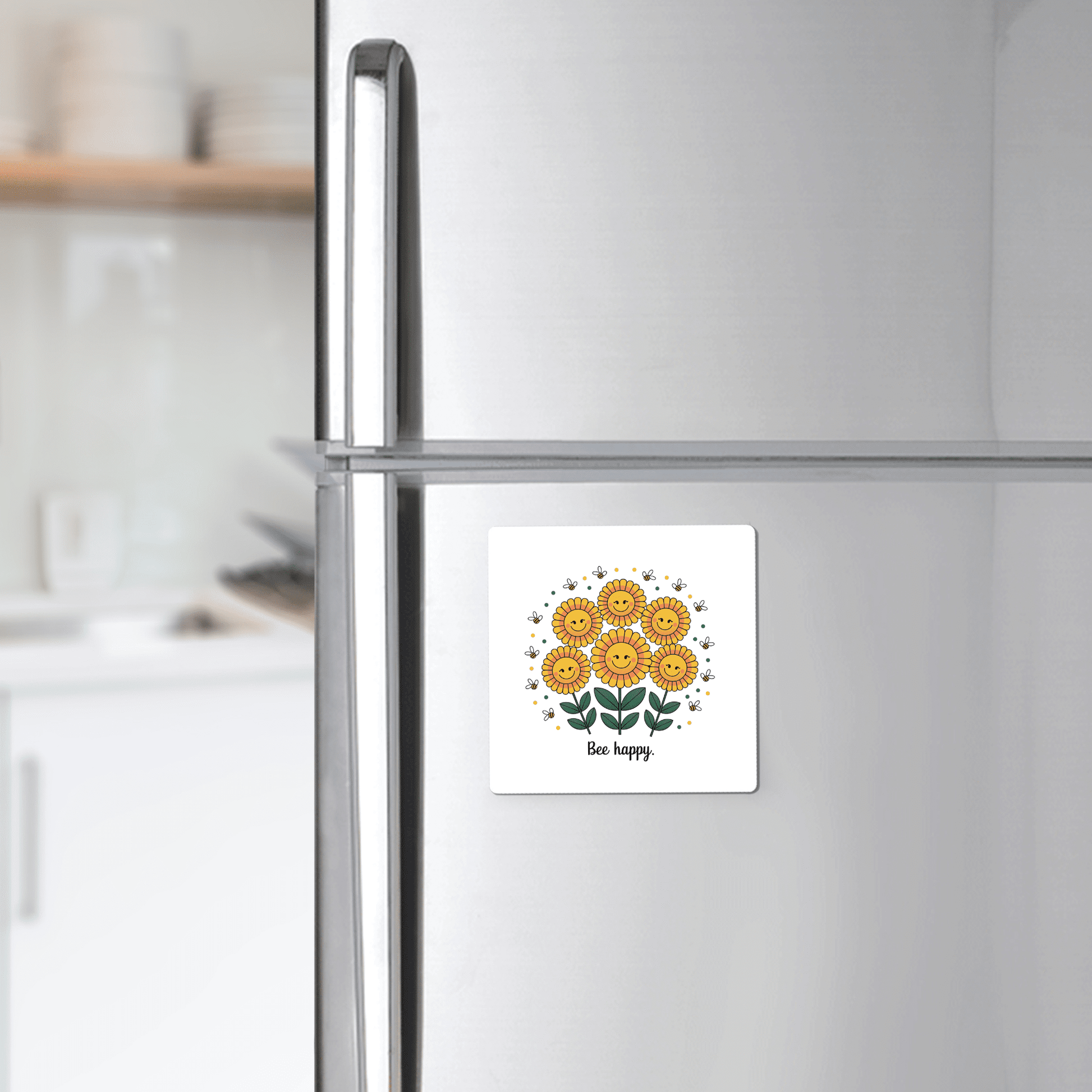 Brighten your kitchen with the Mirabilia Boutique Bee Happy Magnet – Cheerful Sunflowers for Daily Joy, featuring sunflowers and bees with "Bee happy" text. A cheerful, uplifting gift to enhance any space.