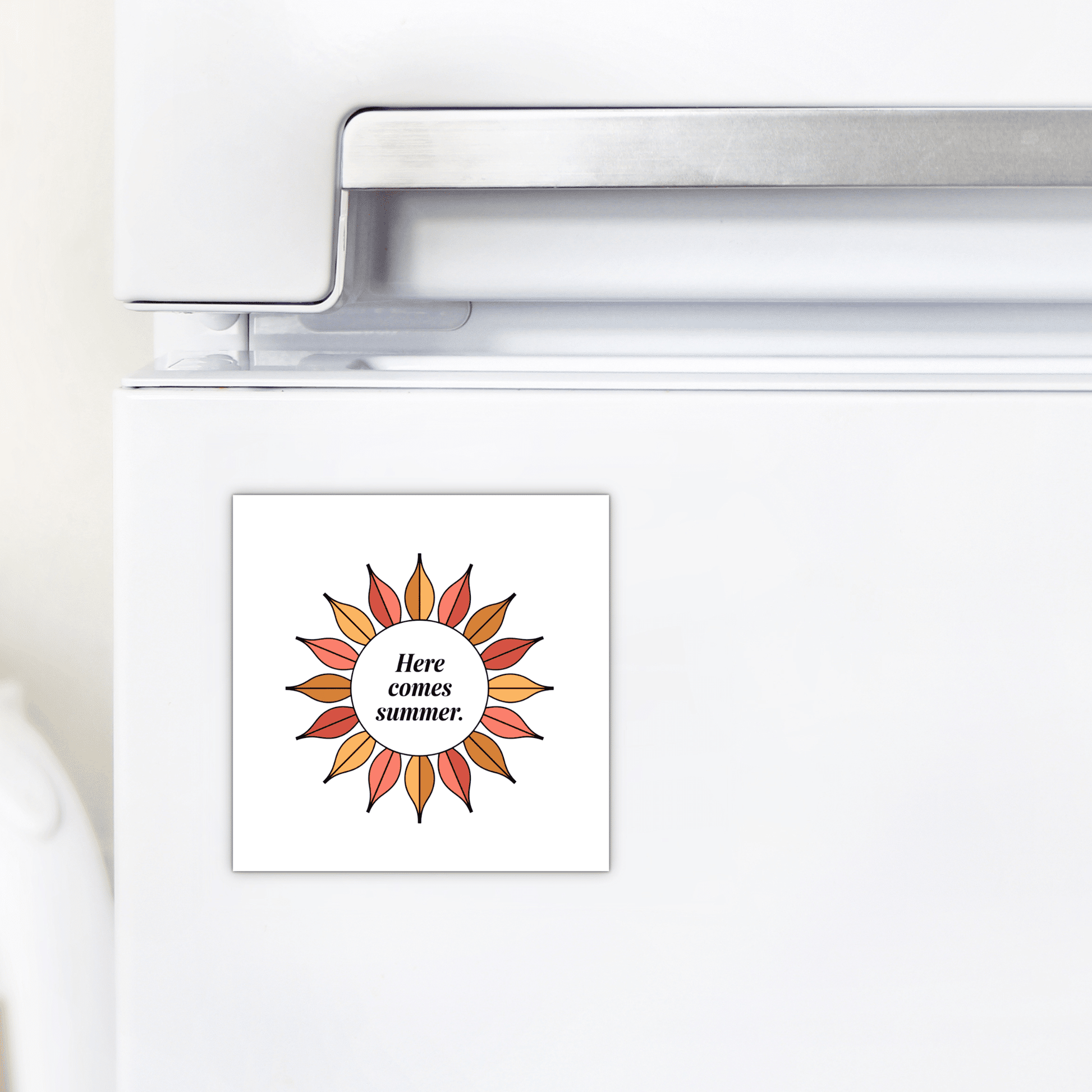 The Mirabilia Boutique "Here Comes Summer Magnet – Retro Sunburst Mini Art" is shown on a white fridge, displaying its orange and red sunburst design with uplifting text.