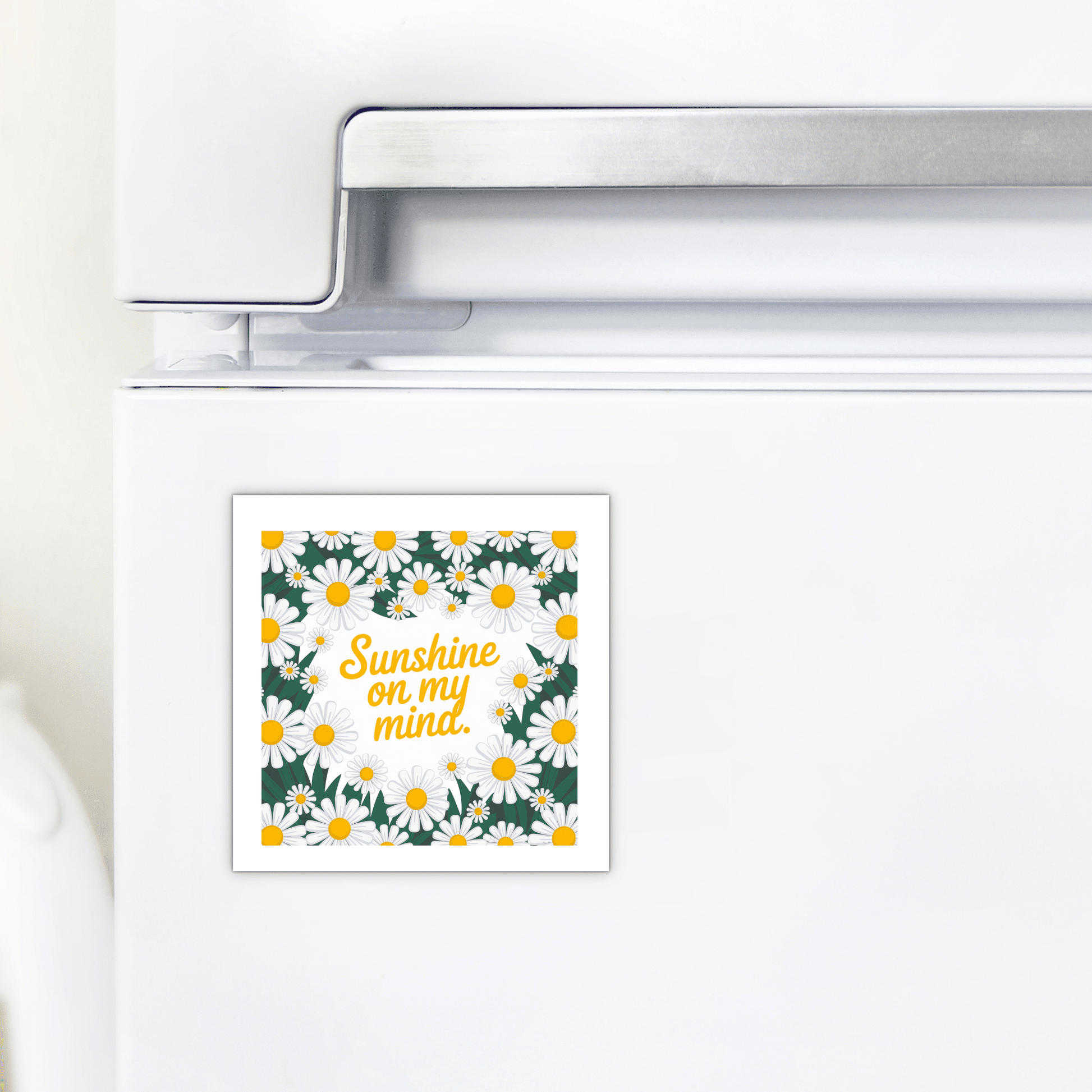 Brighten your kitchen with the Mirabilia Boutique Sunshine on My Mind Magnet – Daisy Floral Fridge Art, featuring white and yellow daisies and cheerful yellow script. Perfect for adding a touch of floral decor to your fridge.