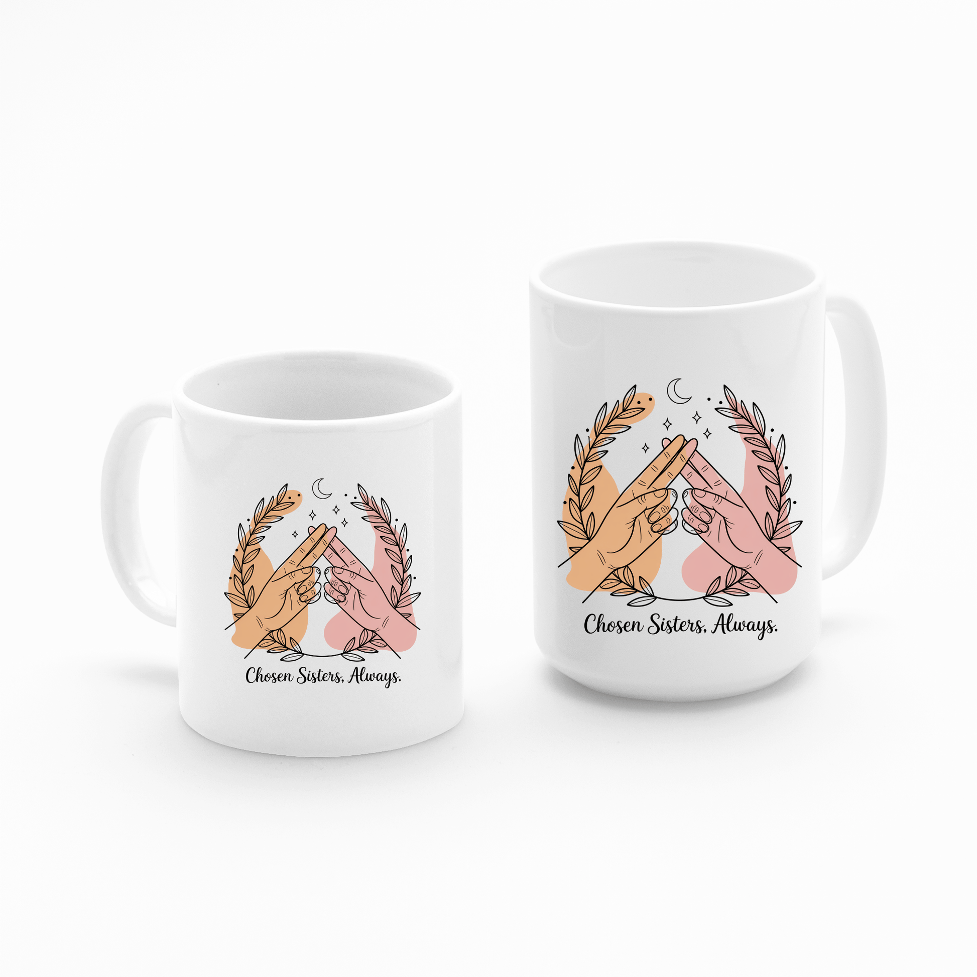 The Best Friend Mug by Mirabilia Boutique features the "Chosen Sisters Always" design—three diverse hands touching, floral accents, and heartfelt text—perfect for Galentine’s or as a best friend gift.