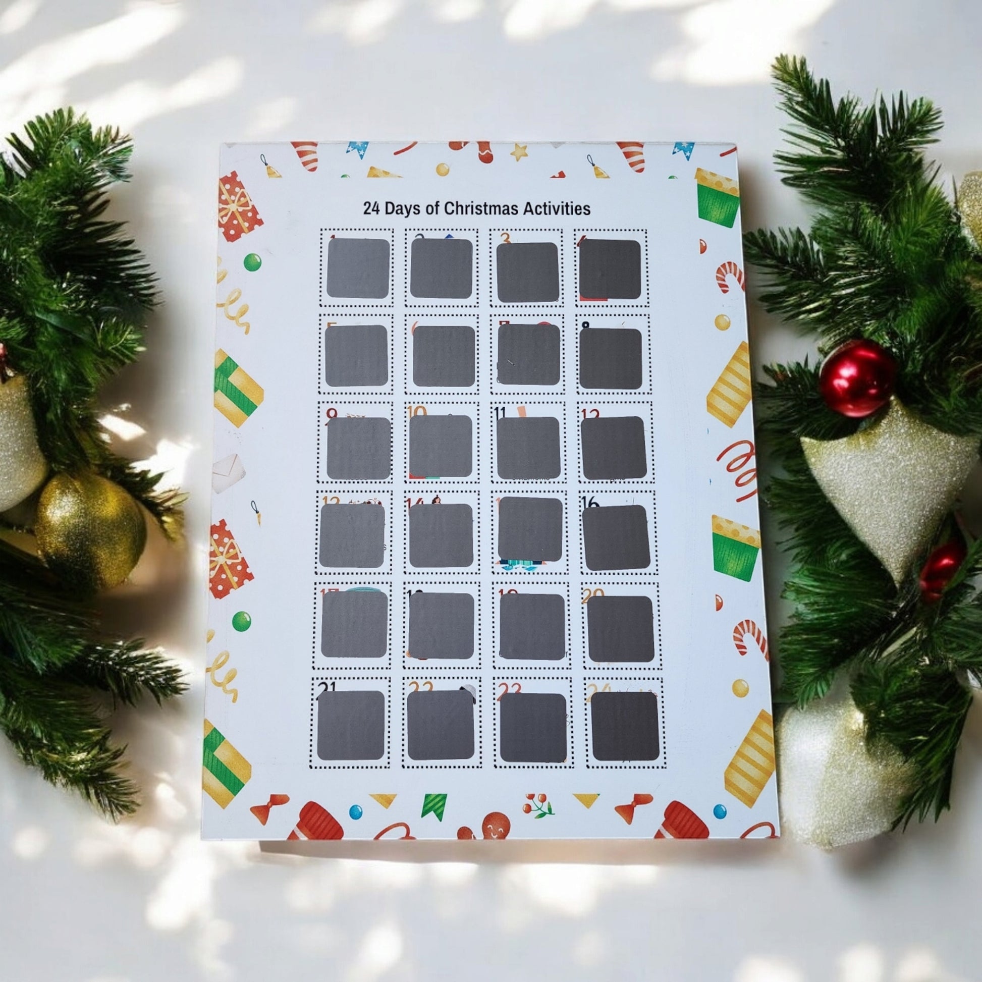 The "24 Days of Christmas Activities Scratch Off Calendar" by Mirabilia Boutique is a festive delight, featuring 24 numbered scratch-off squares. Surrounded by holiday décor like pine branches, ornaments, and ribbons, this calendar adds charm to your seasonal celebrations.