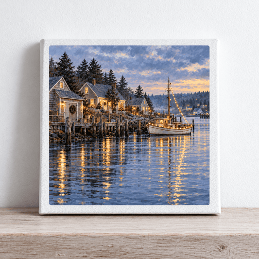 Christmas Along the Harbor Canvas shows a square gallery-wrapped coastal harbor at twilight, featuring a fishing boat and shoreline cottages decorated with Christmas lights reflecting on the water.