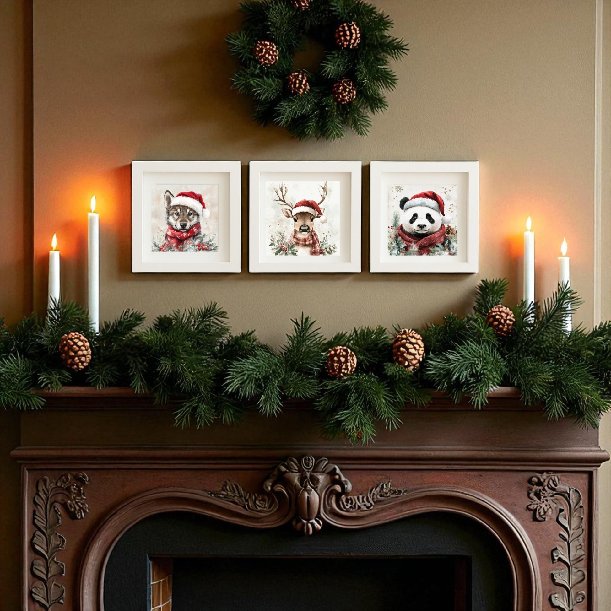 A mantel adorned with garland, pinecones, and candles is topped by the Mirabilia Boutique Wolf, Deer & Panda Christmas Trio 5x5 Holiday Shadowbox Set, adding festive woodland charm to your holiday decor.