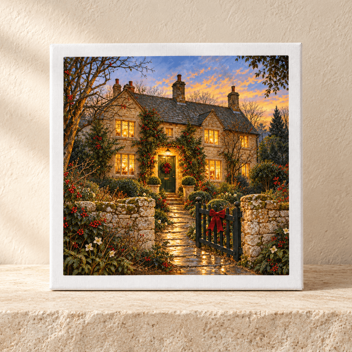 Christmas at the Gable Canvas shows a stone cottage at sunset decorated for Christmas, featuring a wreath on the front door, holly bushes, and a red bow on the garden gate, presented as winter wall art.