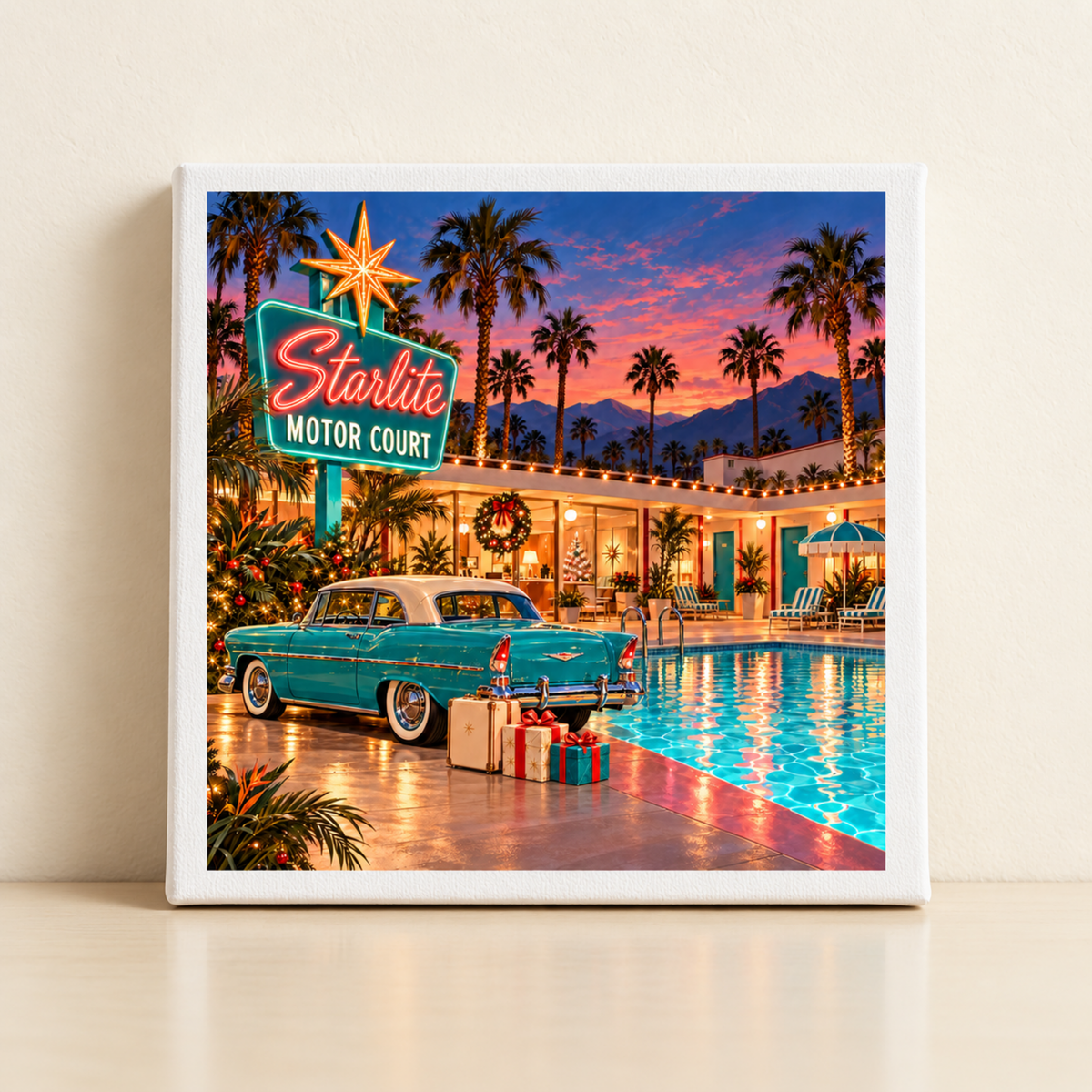 The Christmas at the Starlite Canvas | Chrome & Starlight by Mirabilia Boutique features a retro motel pool scene at sunset, vintage car, neon “Starlite Motor Court” sign, and festive holiday decor for nostalgic charm.