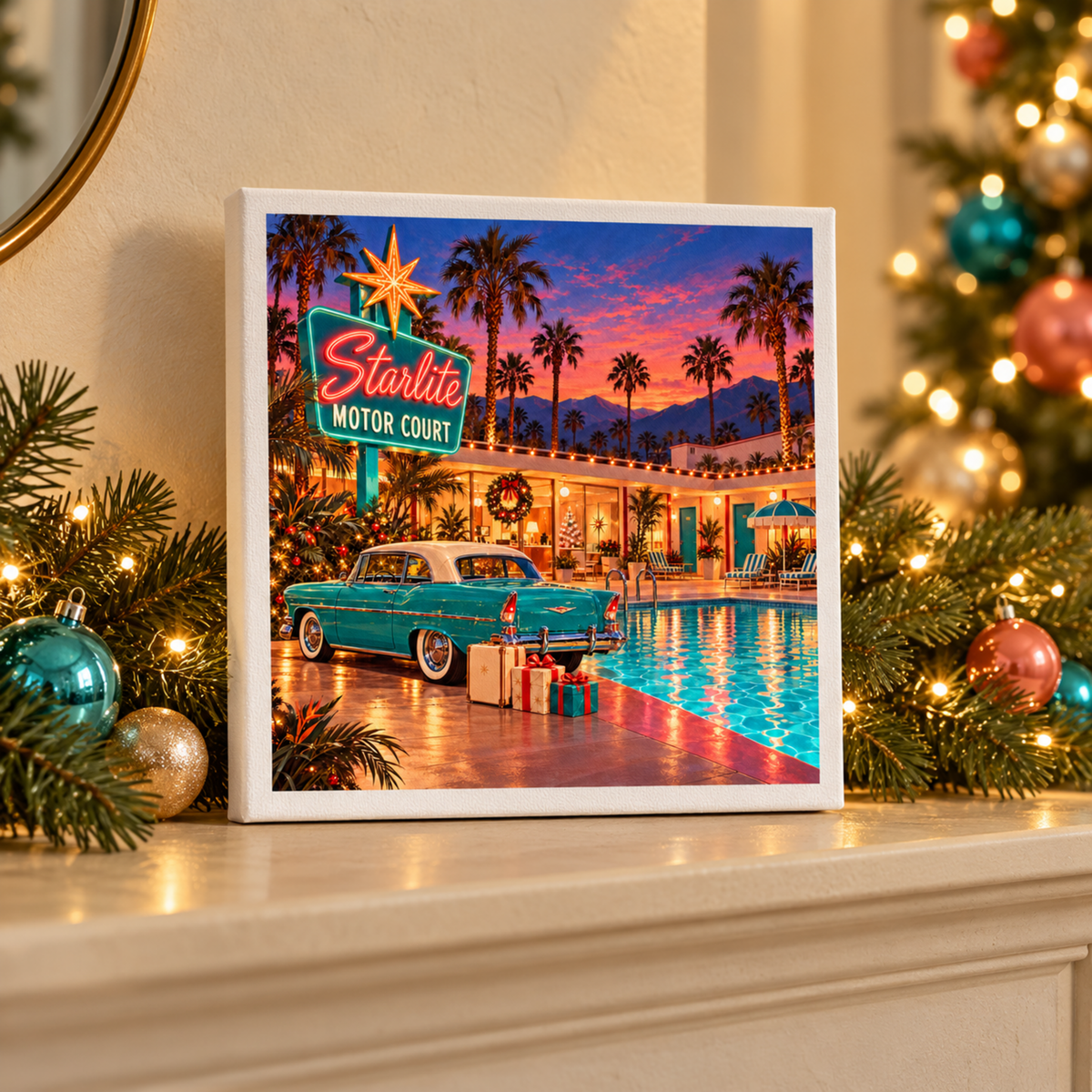 The Christmas at the Starlite Canvas | Chrome & Starlight by Mirabilia Boutique adds vintage charm to a mantel decorated with ornaments, garland, and a glowing Christmas tree.
