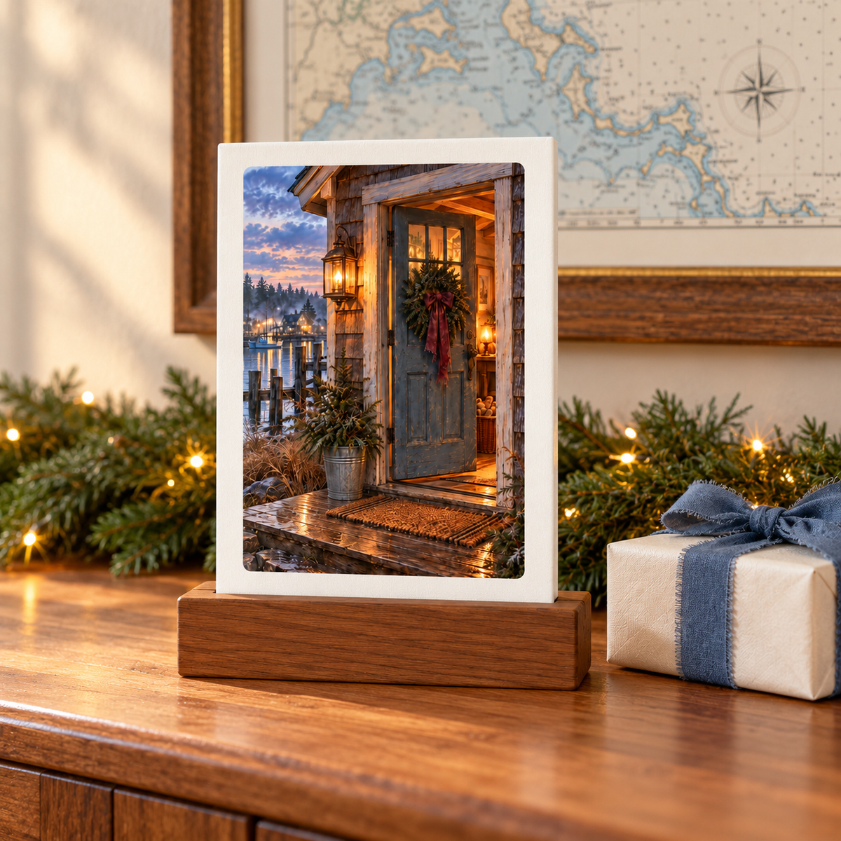 Coming Home for Christmas Mini Sign by Mirabilia Boutique, a small rectangular sign on a wooden stand depicting a winter cabin doorway with a Christmas wreath, displayed on a table with evergreen boughs and a wrapped gift.