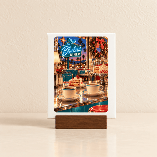 The Christmas Eve at the Bluebird Mini Sign | Chrome & Starlight by Mirabilia Boutique features a festive diner scene with coffee cups, cakes, and holiday décor—perfect for your seasonal display.