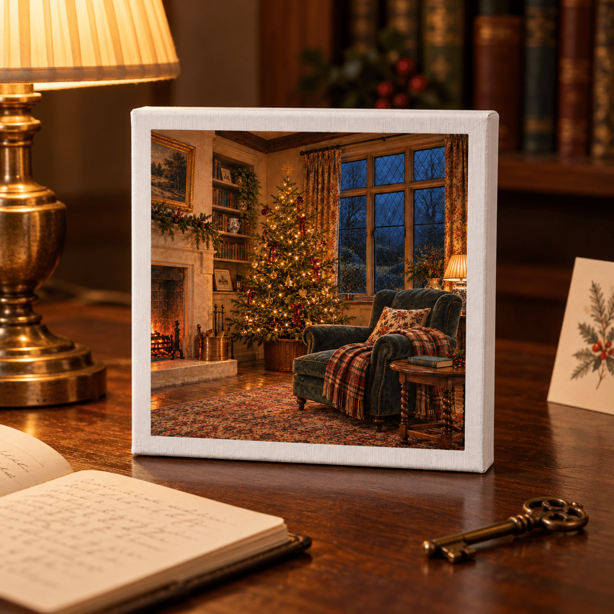 The While the House Sleeps Canvas by Mirabilia Boutique sits on a wooden desk, depicting a square scene of a cozy English sitting room with a lit fireplace, a decorated tree, and an armchair.