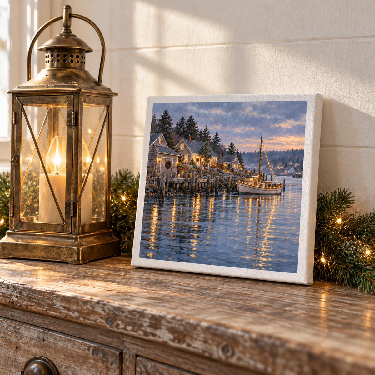 A square Christmas Along the Harbor Canvas | Salt & Story gallery-wrapped print of a winter waterfront art scene with a boat and cottages at sunset, displayed on a wooden surface next to a decorative lantern and greenery.