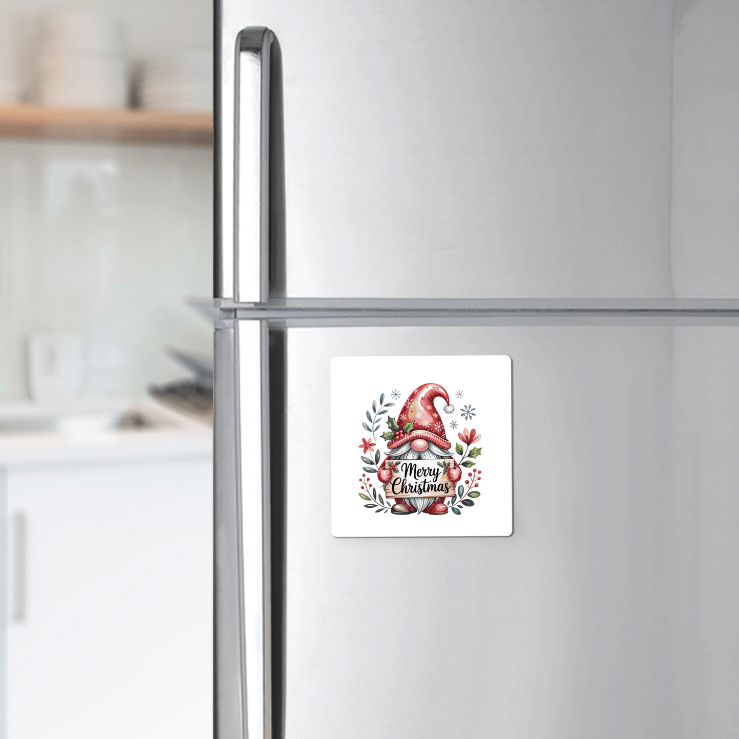 The Merry Christmas Gnome Magnet by Mirabilia Boutique adds festive cheer to your fridge—perfect holiday decor or a cheerful stocking stuffer for any modern kitchen.
