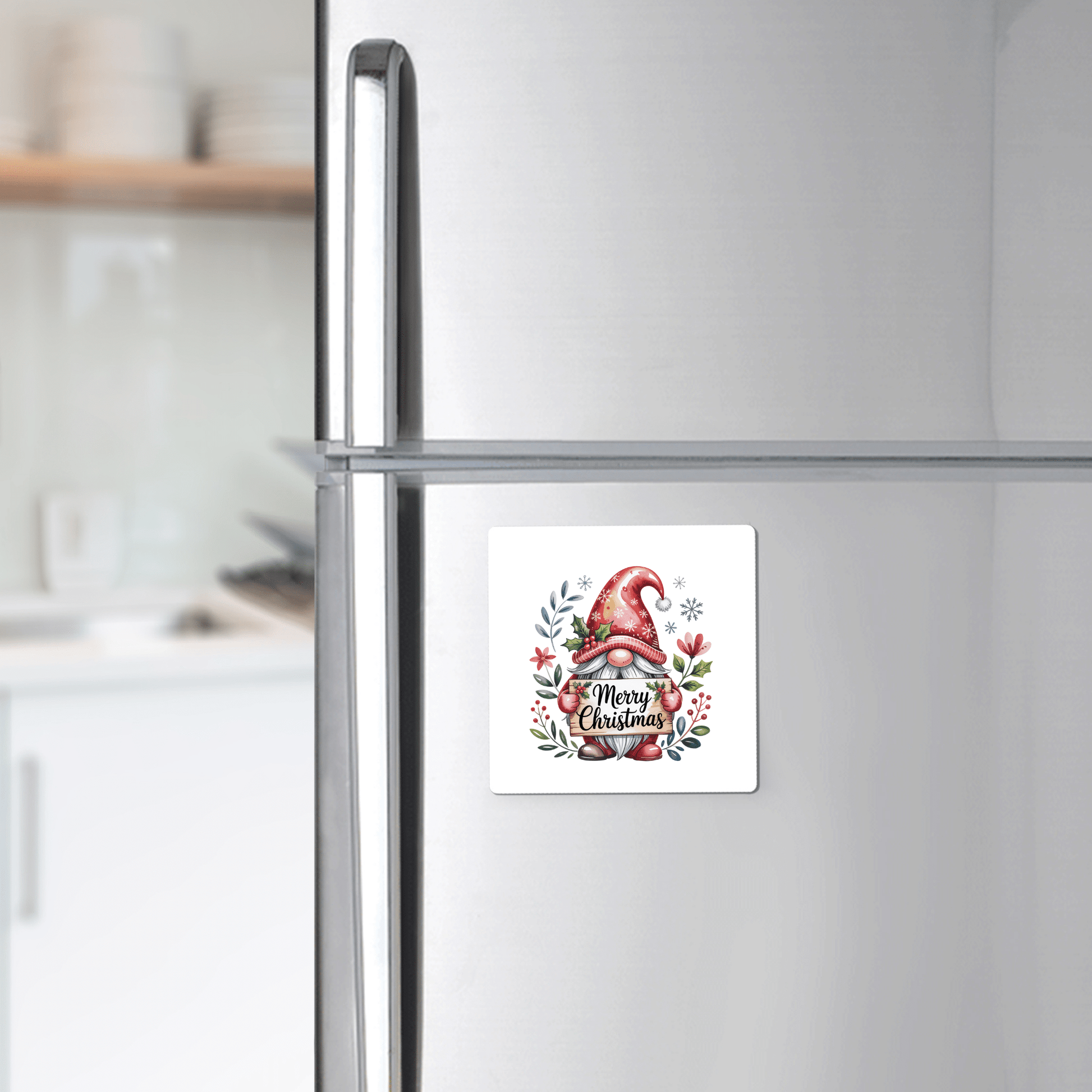 The Merry Christmas Gnome Magnet by Mirabilia Boutique adds festive cheer to your fridge—perfect holiday decor or a cheerful stocking stuffer for any modern kitchen.