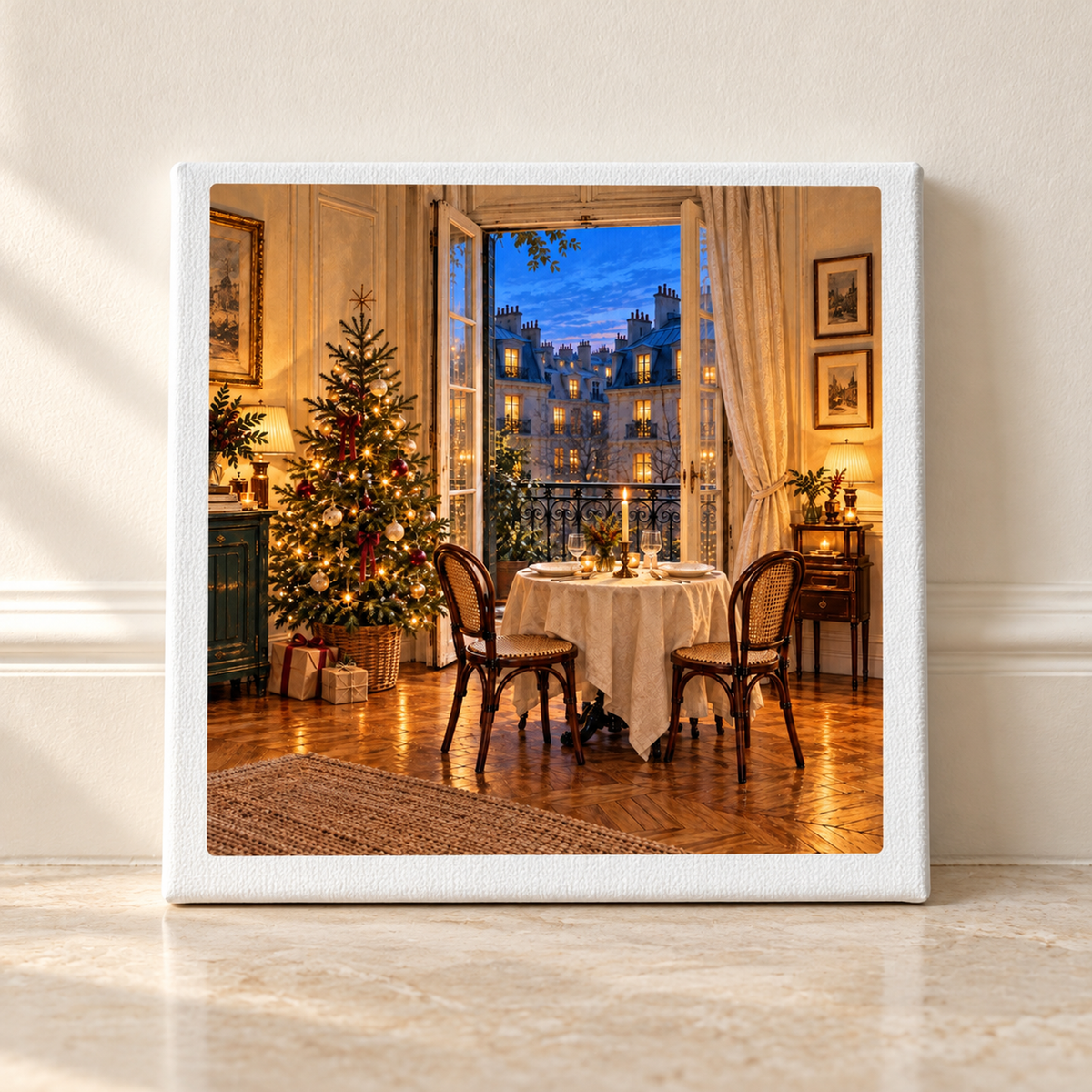 Christmas in the Apartment Upstairs Canvas | Paris Toujours gallery-wrapped print of a cozy apartment with a Christmas tree and a dining table for two before balcony doors overlooking a Parisian street at twilight.