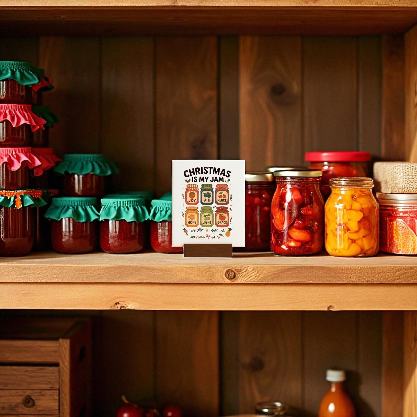 A wooden pantry shelf holds jars with colorful lids. Centered is the Mirabilia Boutique "Christmas Is My Jam" festive holiday tabletop sign, featuring illustrated jars and cheerful decorations.