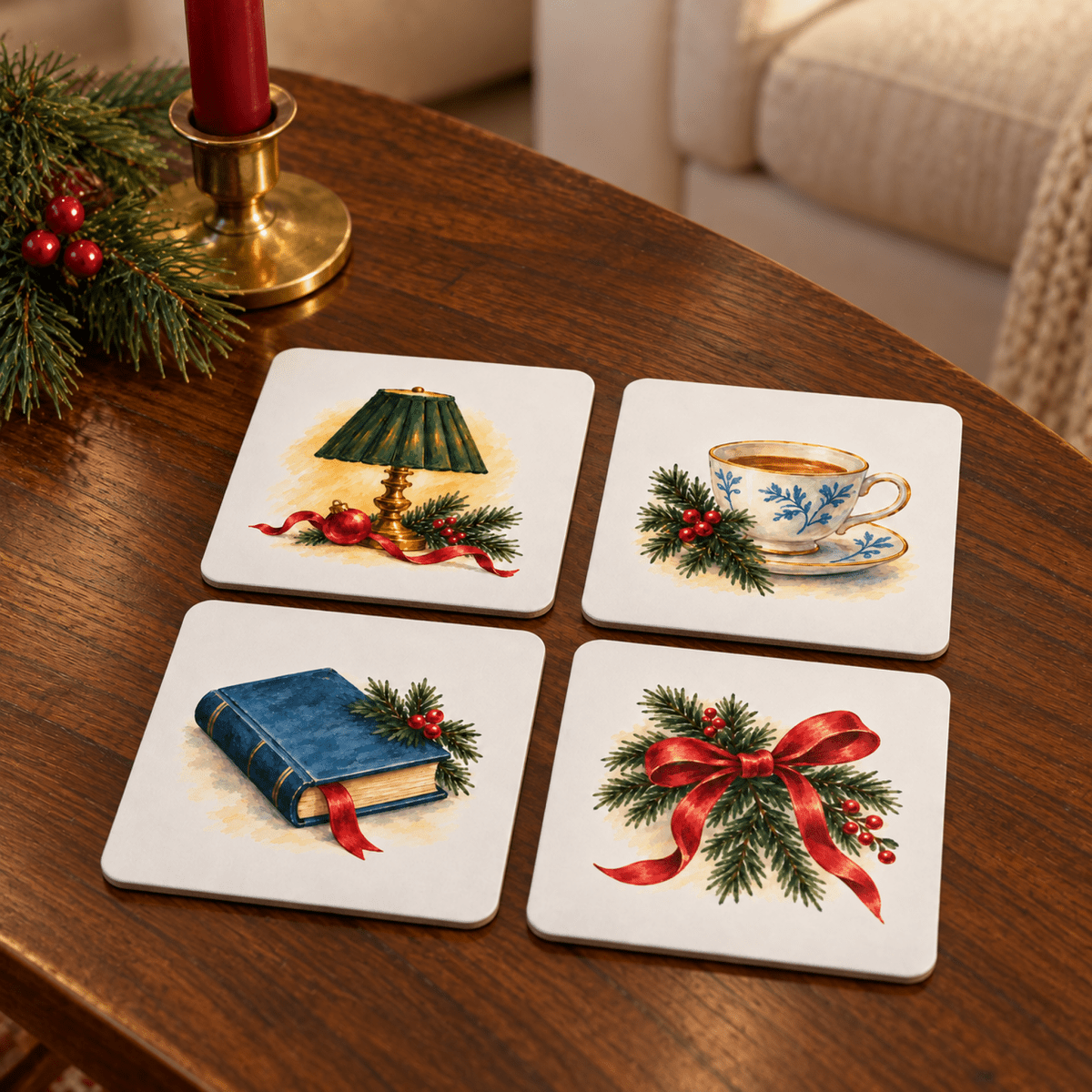 A Quiet Christmas Coaster Set of four square coasters featuring watercolor illustrations of a green lamp, a teacup, a blue book, and a red holiday bow, all decorated with pine branches and holly berries.