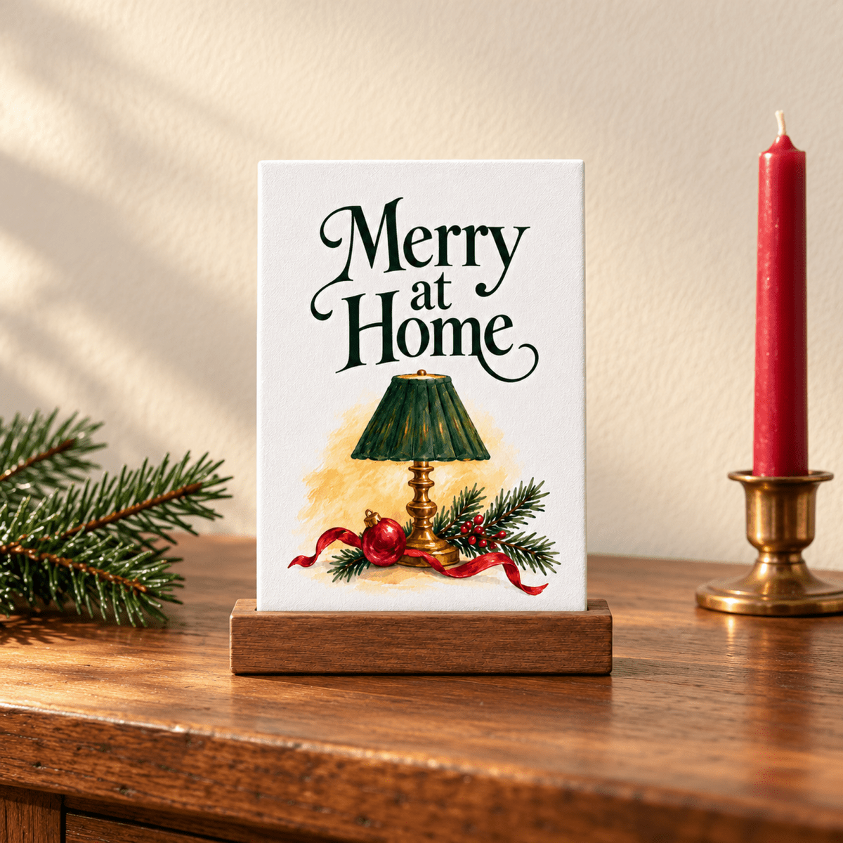 A rectangular Merry at Home Christmas Mini Sign | Mirabilia in a wooden stand, featuring an illustration of a green lamp, an ornament, and pine branches.