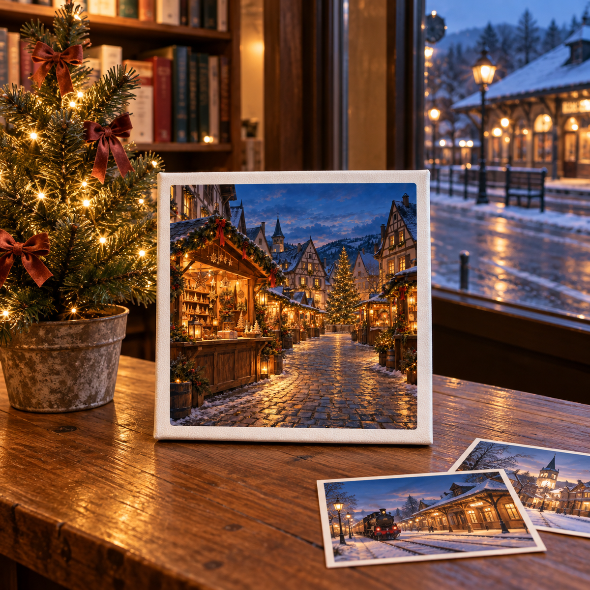 An Evening to Wander Canvas | German Christmas Market sits on a wooden desk next to two postcards, positioned in front of a small, lit tabletop Christmas tree as festive winter wall art.