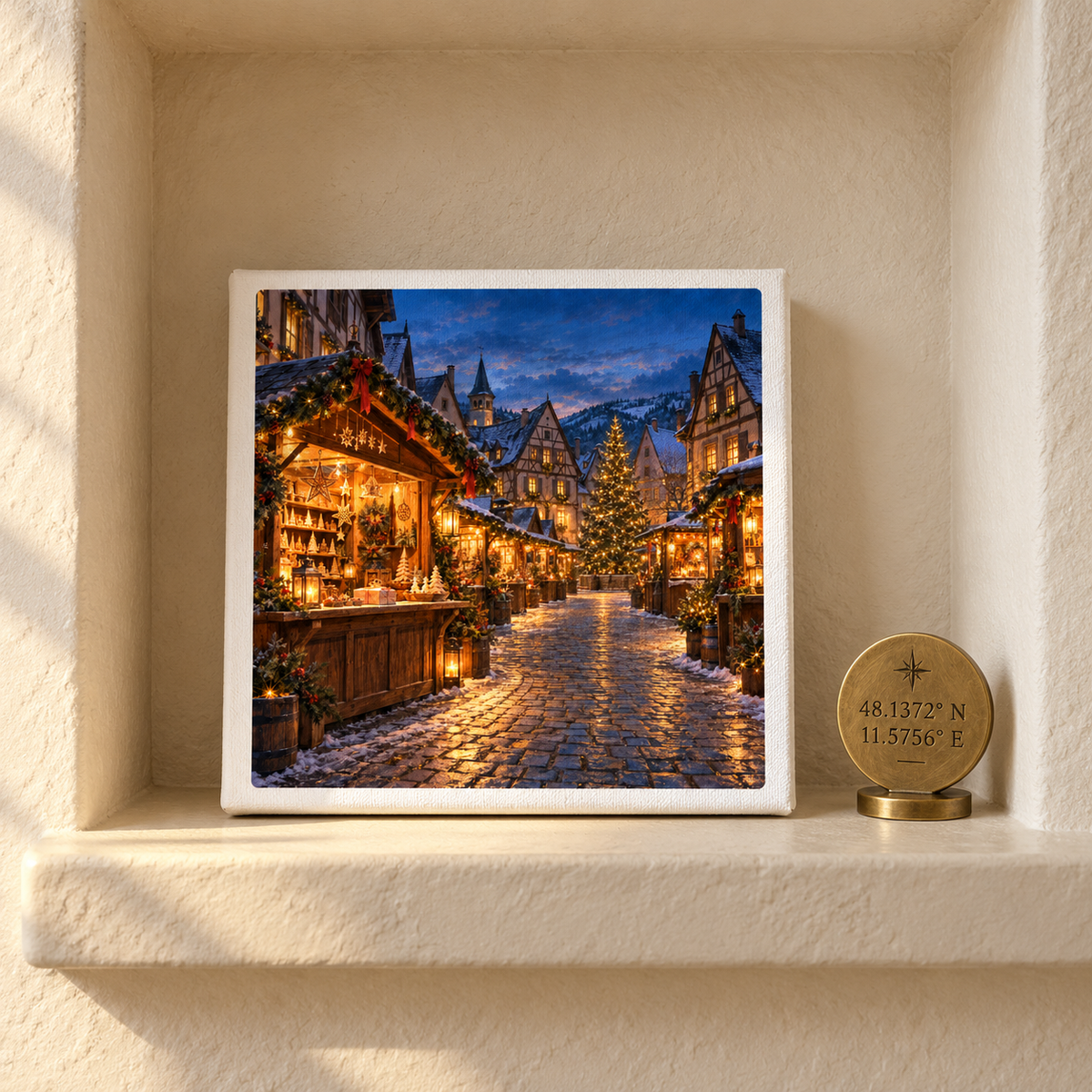 An Evening to Wander Canvas | German Christmas Market displayed on a shelf next to a small brass medallion featuring geographical coordinates, serving as decorative winter wall art.