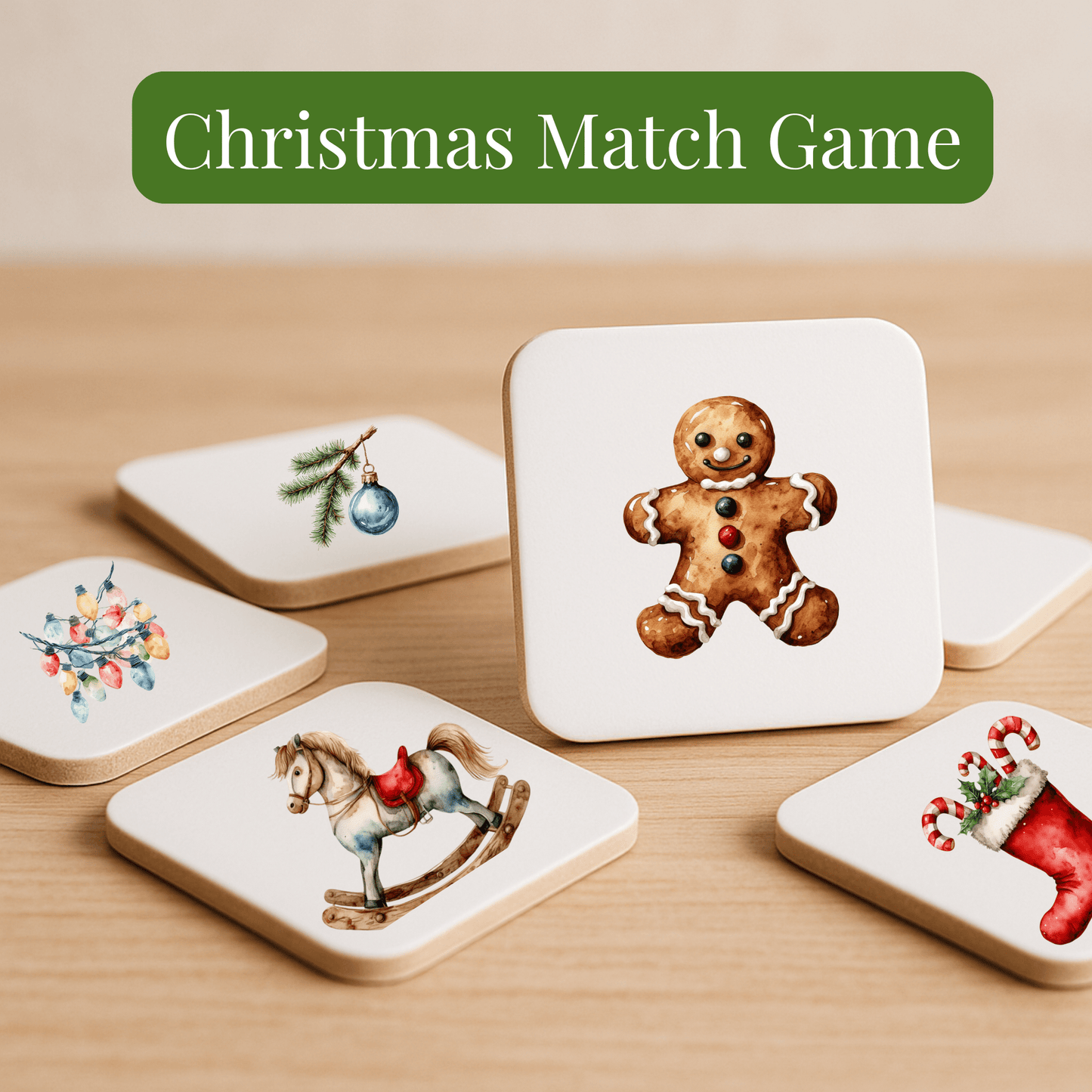 Five square tiles from the Mirabilia Boutique Christmas Memory Match Game | 60-Piece Holiday Tile Set—featuring festive designs—are spread out on wood. Perfect for holiday family fun!.