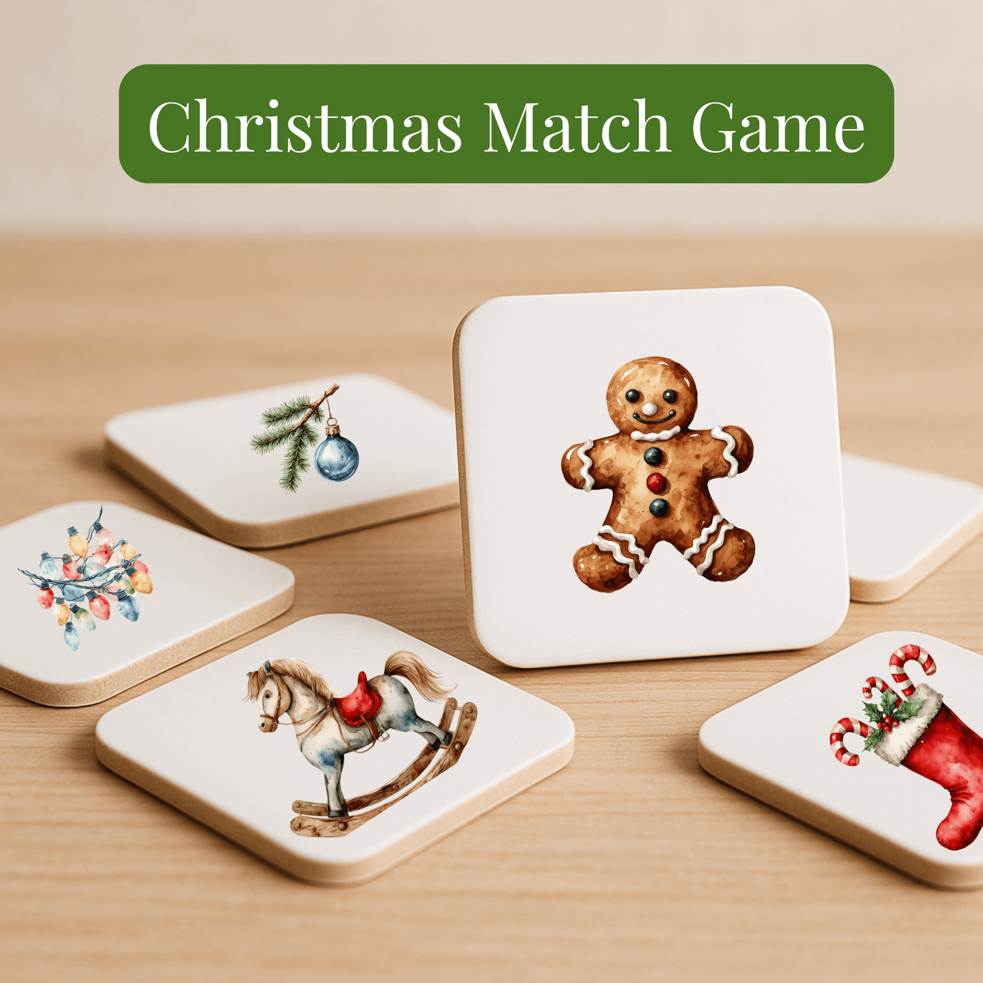 Five square tiles from the Mirabilia Boutique Christmas Memory Match Game | 60-Piece Holiday Tile Set—featuring festive designs—are spread out on wood. Perfect for holiday family fun!.