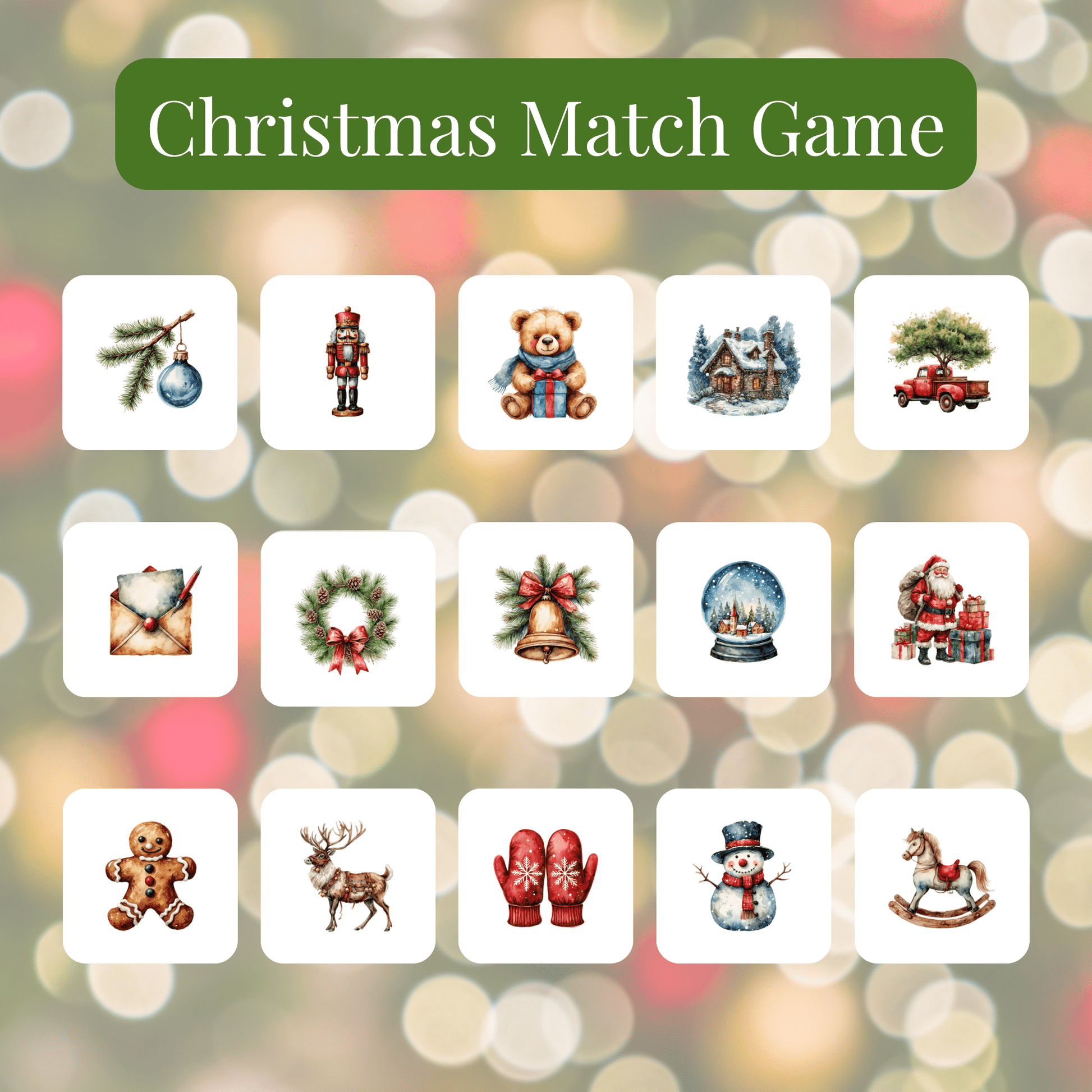 Enjoy holiday fun with the Mirabilia Boutique Christmas Memory Match Game, a 60-piece tile set featuring ornaments, toys, wreaths, animals, and more on vibrant backgrounds—perfect for festive family game nights!.