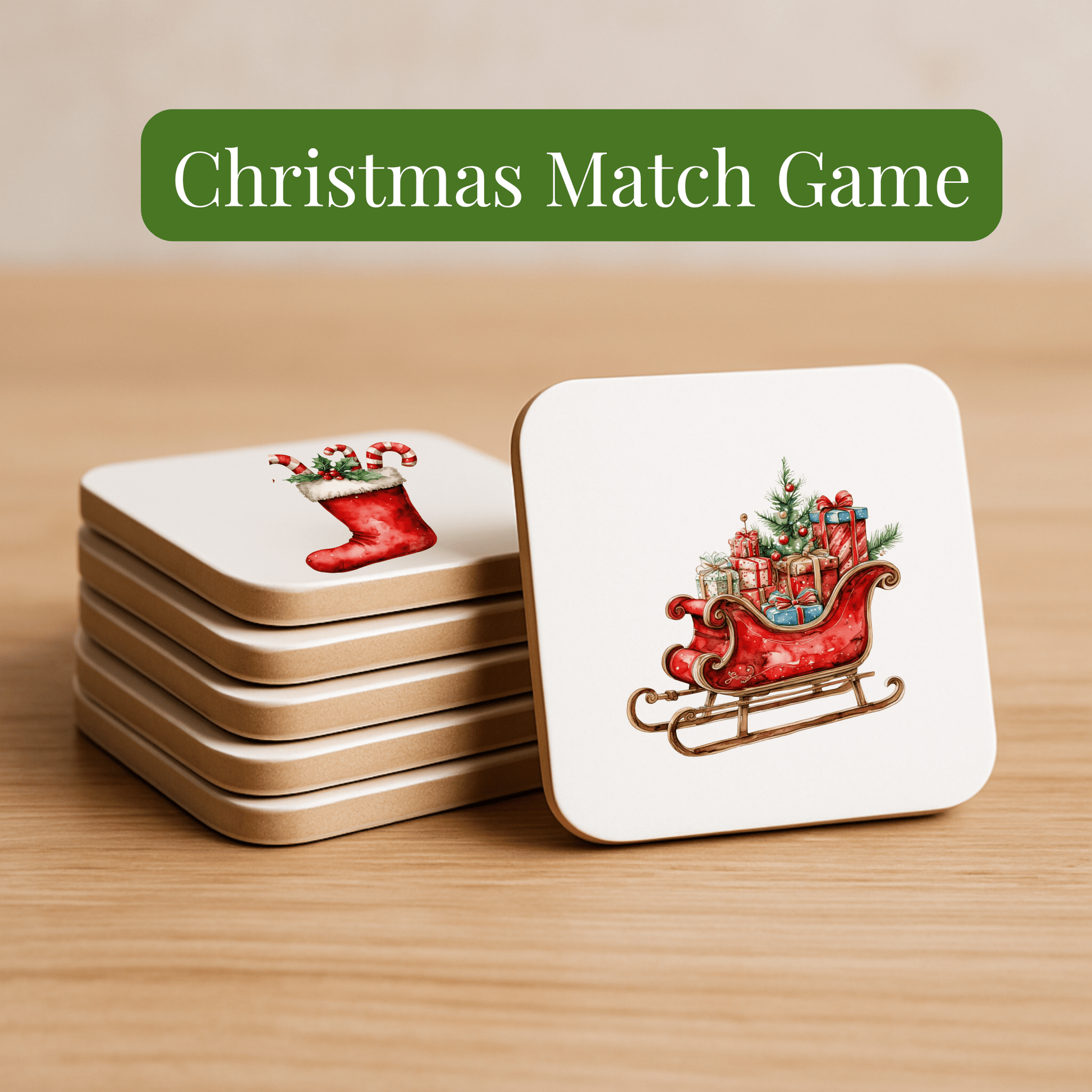 A stack of square cards from the Mirabilia Boutique Christmas Memory Match Game | 60-Piece Holiday Tile Set rests on wood, with festive sleigh and stocking images. Text above reads "Christmas Match Game," a fun holiday activity for all ages.