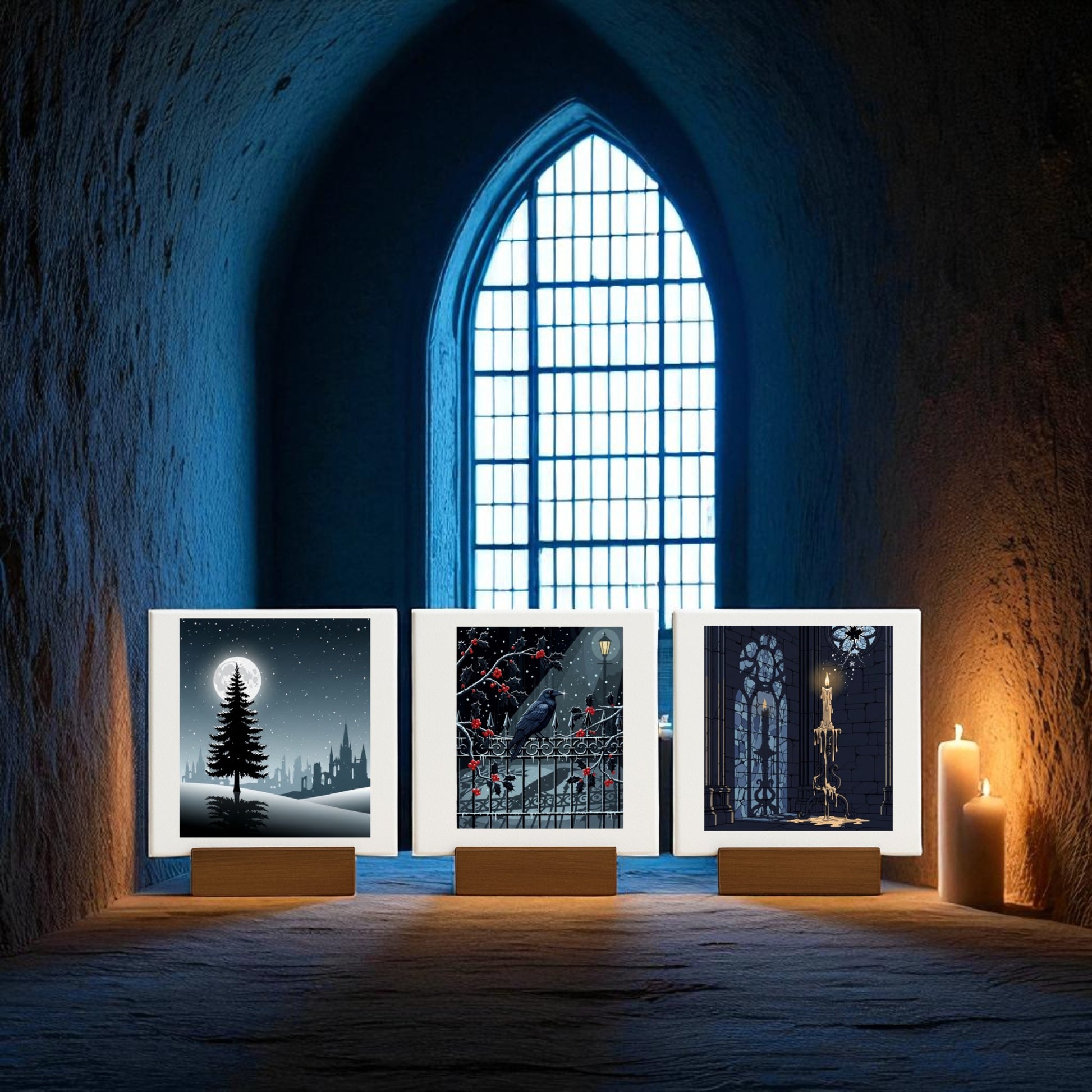 The Christmas Noir Midnight Trio by Mirabilia Boutique features three illuminated art prints on wooden stands, each with a dark, mystical winter scene—perfect gothic holiday decor for a moody, candle-lit setting.