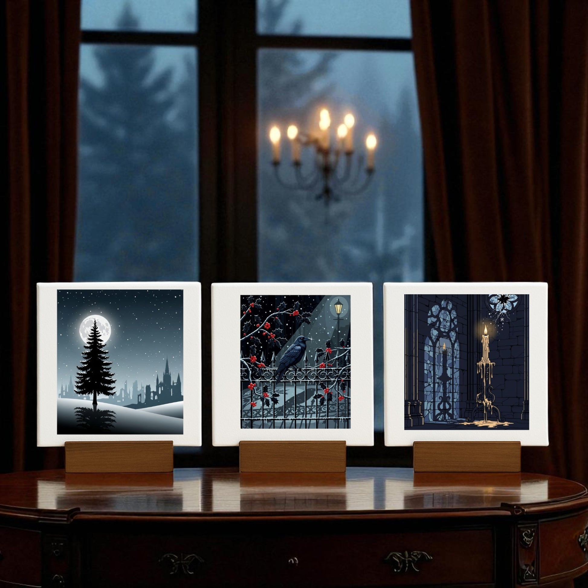 The Christmas Noir Midnight Trio by Mirabilia Boutique—a set of three gothic-style mini canvases—sits on a polished table, with moody winter art and a chandelier creating striking gothic holiday decor.