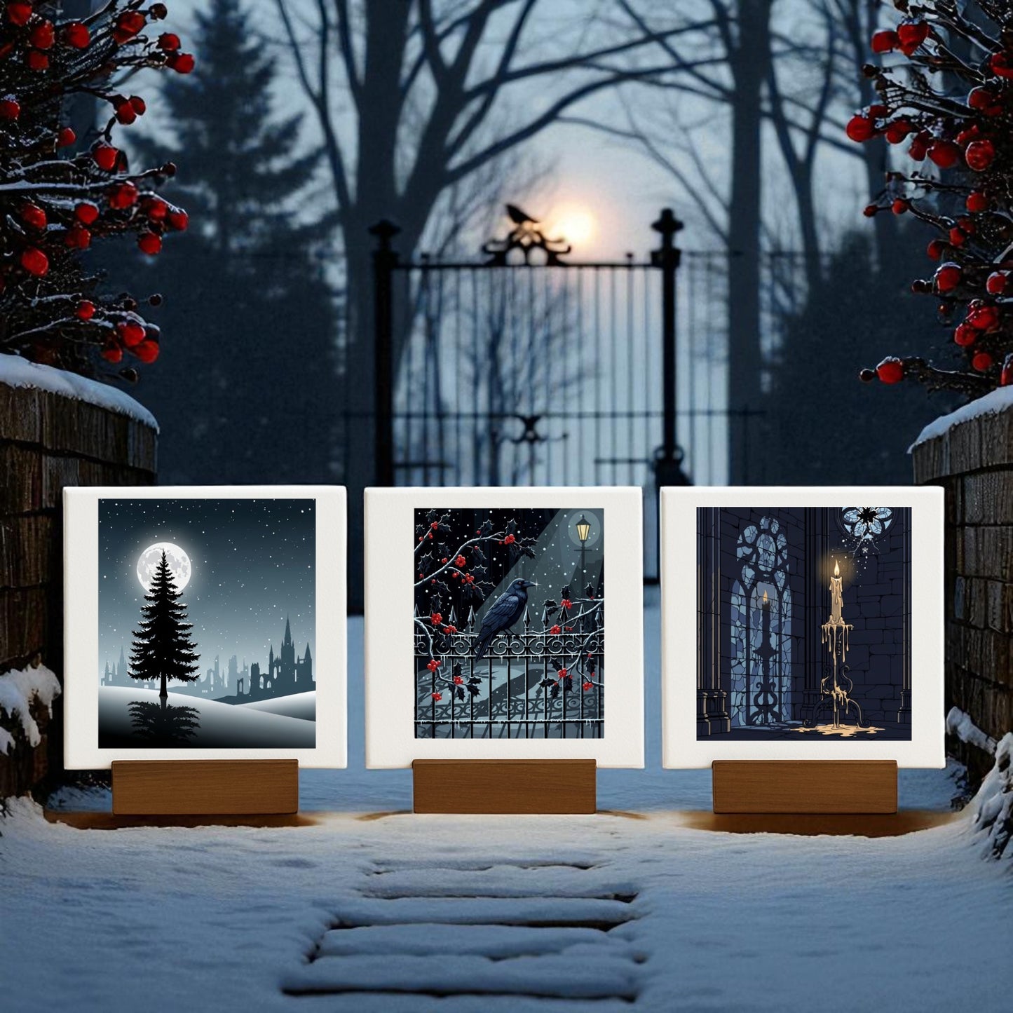 The Christmas Noir Midnight Trio by Mirabilia Boutique features three gothic holiday mini canvases on wooden stands, set on a snowy path with red-berried shrubs, a wrought iron gate, and moonlit mist for a moody winter display.